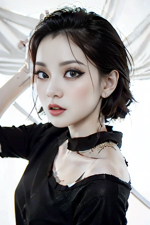 1 girl (adult female: 1.2) witch yakuza araffe woman with black eyes and black stylized clothing posing for a photo, Korean girl, looking sensually, Korean woman, tight clothing, elegant pose, cute, front view, beautiful face and exquisite details