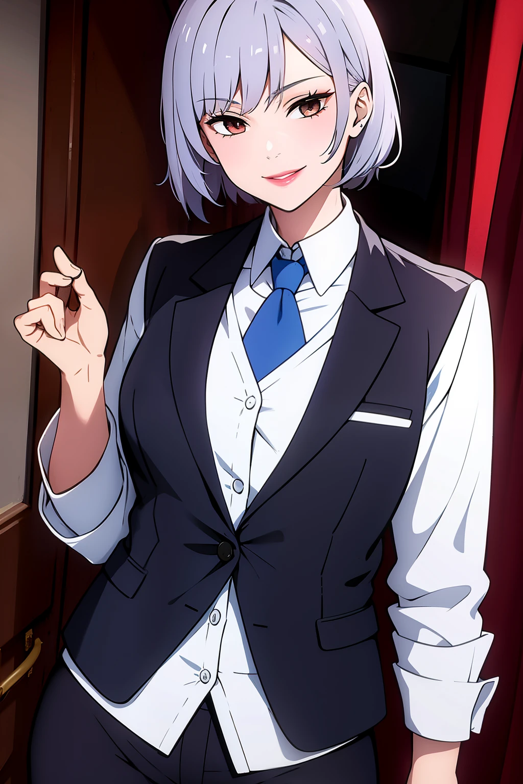 Cute girl, short hair, wearing a formal suit, Tie, big chest, sexy, lipstick, Smiling face, beautiful eyes