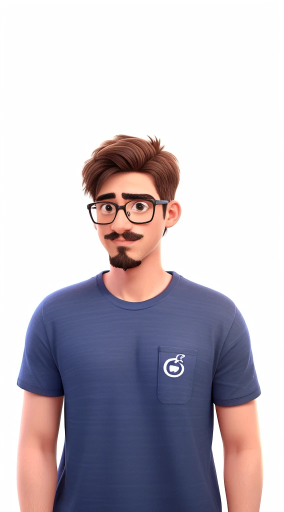 a boy with glasses, a navy blue t-shirt, straight hair thrown back, a mustache and a goatee.