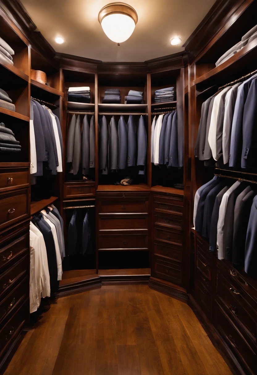 A meticulously organized closet filled with designer suits, shirts, and ties.,original,tall, muscular, well groomed with short stylish hair. always wearing designer business suits. looks like christian bale