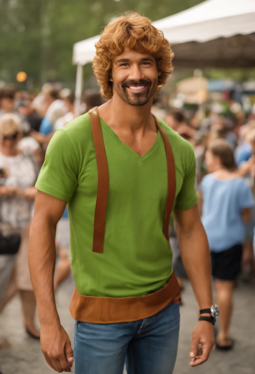 A photo of Shaggy and Scooby-Doo at a vegetarian food festival,Scooby-Doo, Where Are You!,He is a young man with a rough, patchy goatee. His signature attire consists of a baggy green V-neck T-shirt, loose maroon or brown bell-bottom pants, and black shoes.
He is tall and thin with dirty blonde hair. He is not muscular.