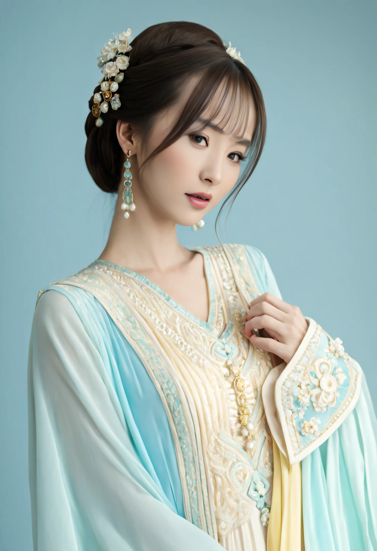 a woman wearing an oriental dress standing inside a room with decorations, in the style of light sky blue and light emerald, cute and dreamy,light beige and yellow, vintage academia, elegant clothing, white and emerald, in the style of light white and light emerald, light sky blue and light gold, vintage academia, chinapunk, embroidery, loose and fluid style, luminous quality, influenced by ancient chinese art, colorful costumes，(best quality at best,4K,8K,a high resolution,tmasterpiece:1.2),ultra-detailed,(actual,realistically,realistically:1.37),(8k, RAW photo, best quality, masterpiece:1.2), (photorealistic, realistic:1.4),
(200mm Sigma f/1.2 ZEISS lens, F1.2, 1/200s, ISO 100, photograpy:1.4), (professional lighting, cinematic lighting, soft lighting, Bright:1.2),
delicate, ultra-detailed, beautiful, extremely detailed eyes and face,