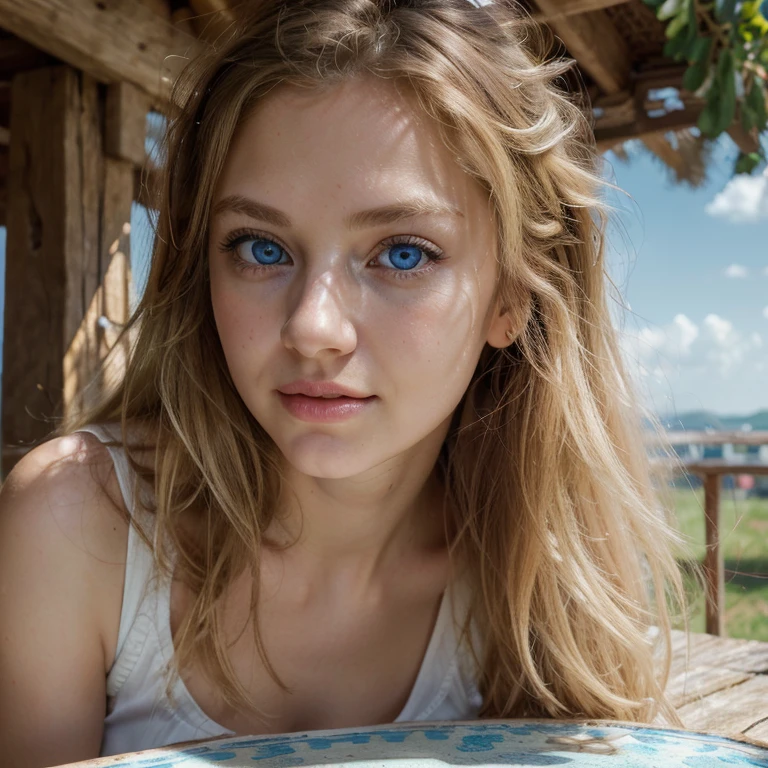 (realistic, photo-realistic:1.37),(8k, RAW photo, best quality, masterpiece:1.2), cute,
ultra-detailed,heart-shaped pupils,physically-based rendering, ultra high res, kodakvision color,
shot on Arricam LT Camera, bokeh, sharp focus, looking at viewer,photorealistic,realistic, solo,
photorealistic, best quality,extremely detailed face,extremely detailed eyes and face, (blond girl,) blue eyes,
beautiful detailed eyes,absurdres, incredibly absurdres,haunting smile,Messy hair, floating hair, round blue big eyes, clear big eyes, moist red lips, sweet, sitting on a table, blue sky and white clouds, sunshine ,, idyllic background, ,