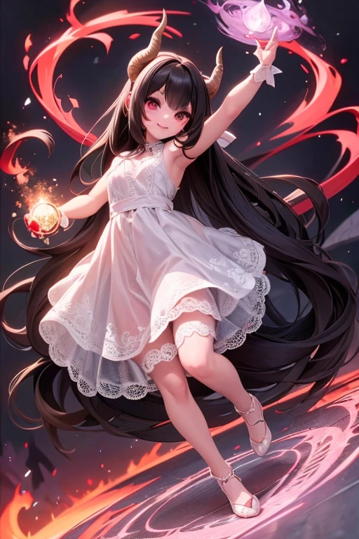 a (horned demon girl) smiling, wearing a lace cloth dress, black hair, red smokey eyes makeup, hair accesories, dramatic magic floating pose, (full body).