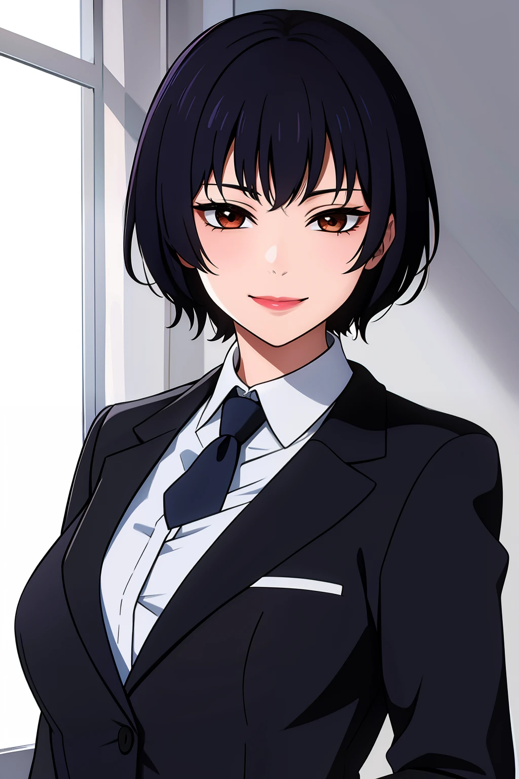 Cute girl, short hair, wearing a formal suit, Tie, big chest, sexy, lipstick, Smiling face, beautiful eyes, black hair