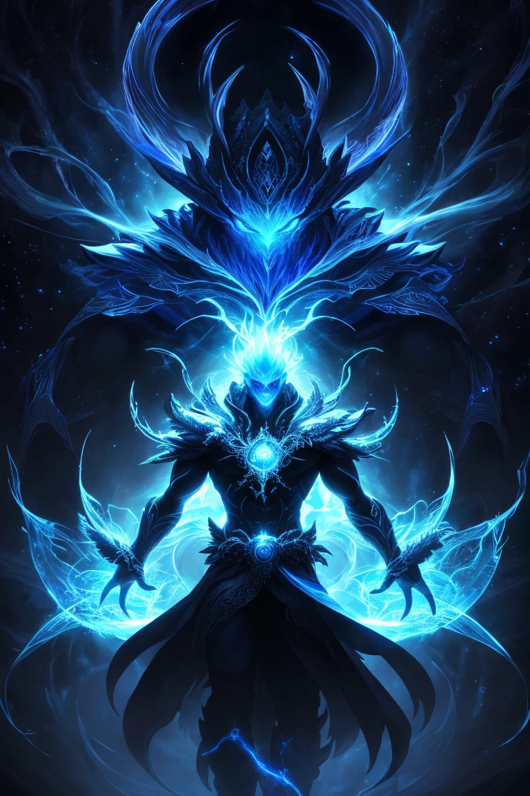 "Create an ultra-detailed, best quality, high-resolution masterpiece depicting an umbral elemental with an inhumanoid figure seeping with blue energy" perfect shadows, high quality shading, photorealistic,