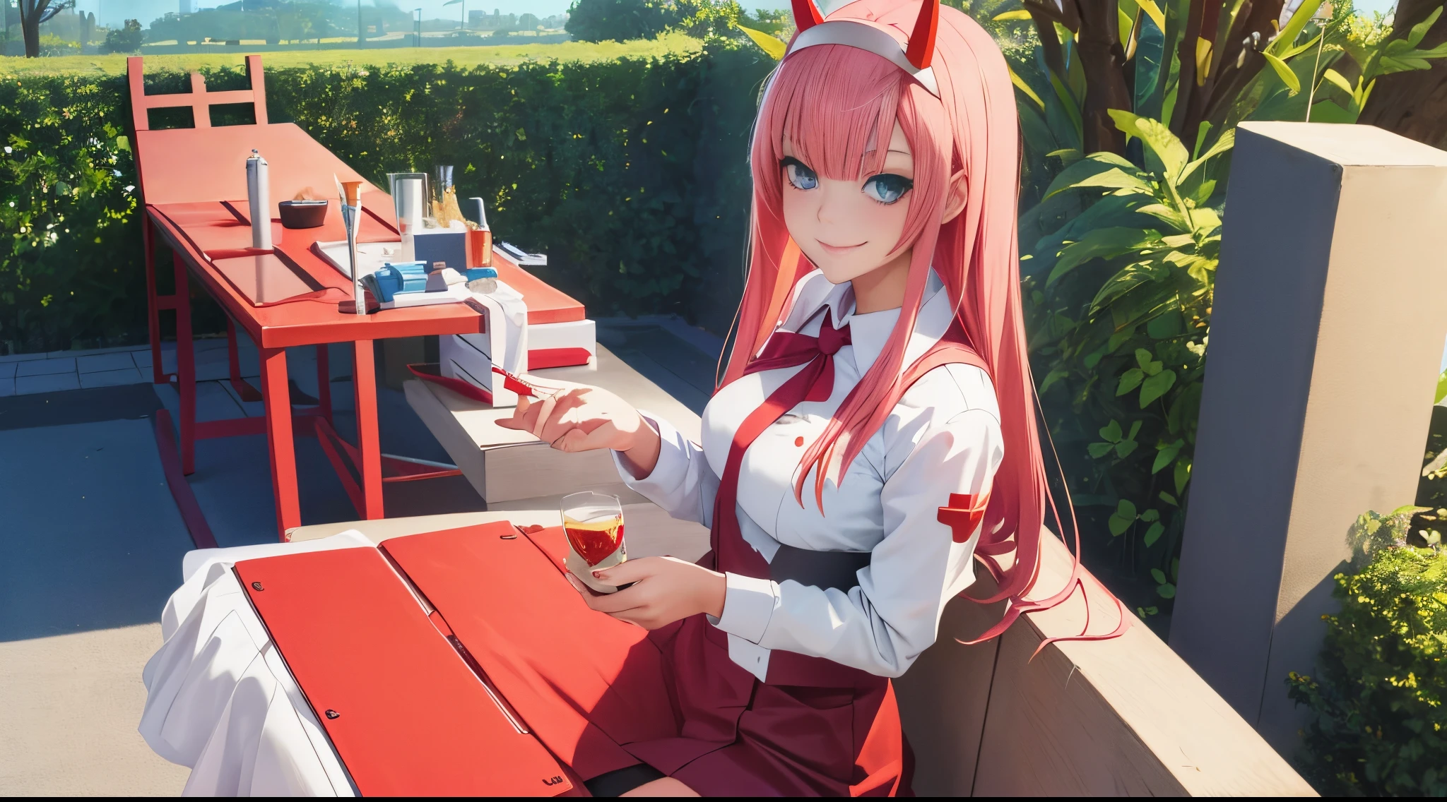 (Photo:1.3), highdetail, Zero_Two_Darling, smirk,, (masterpiece, best quality, detailed:1.3)