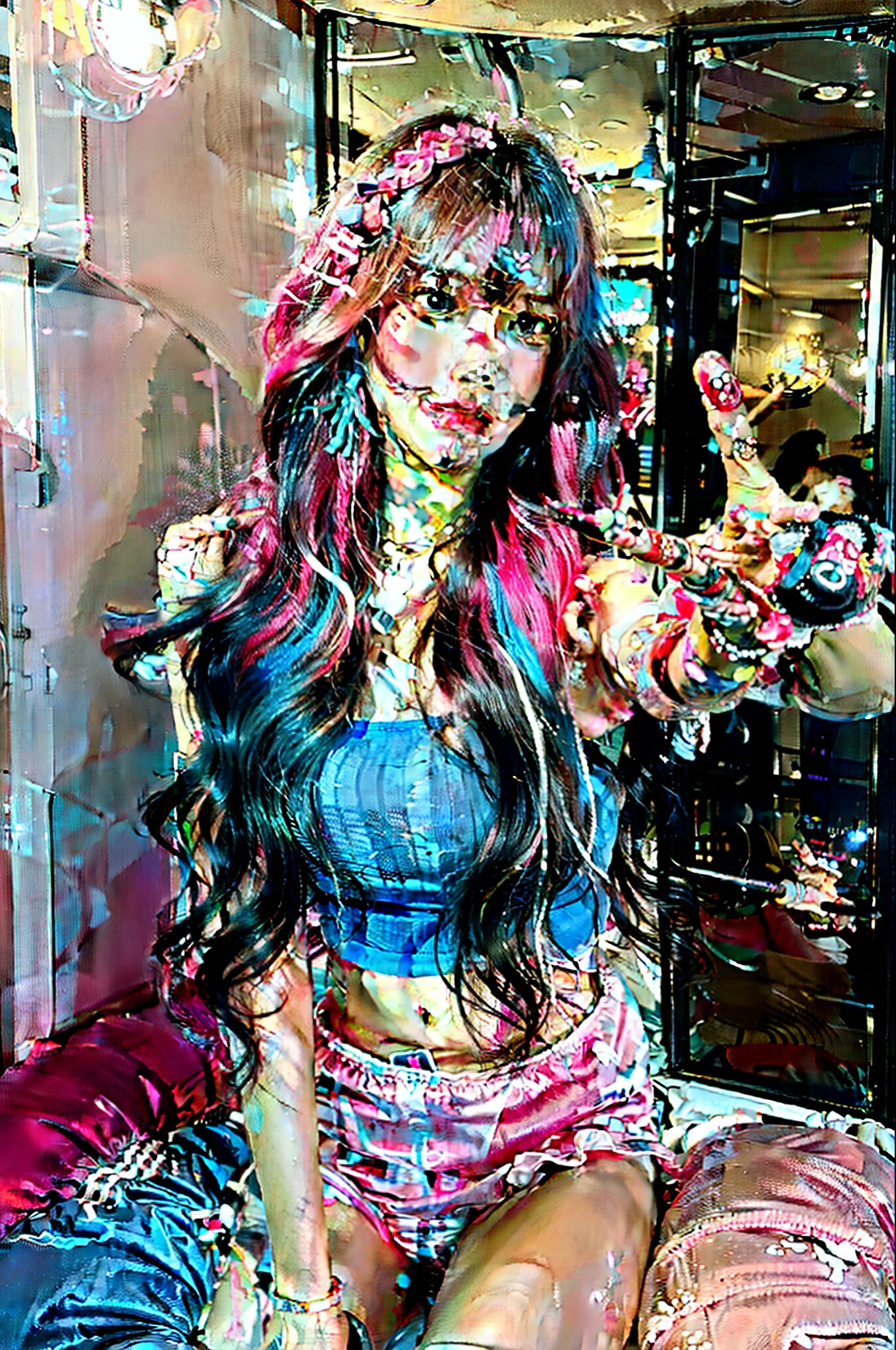 D.Va in a bedroom,cropped top and panties,mirror selfie,illustration,ultra-detailed,realistic,vivid colors,studio lighting,photorealistic,playful expression,smiling,confident,curly hair,tech-savvy girl,peace sign,digital world,game-themed background,mecha background,Japanese pop culture,anime style,pink and blue color palette,soft lighting,sparkling eyes,high-res details,bokeh.