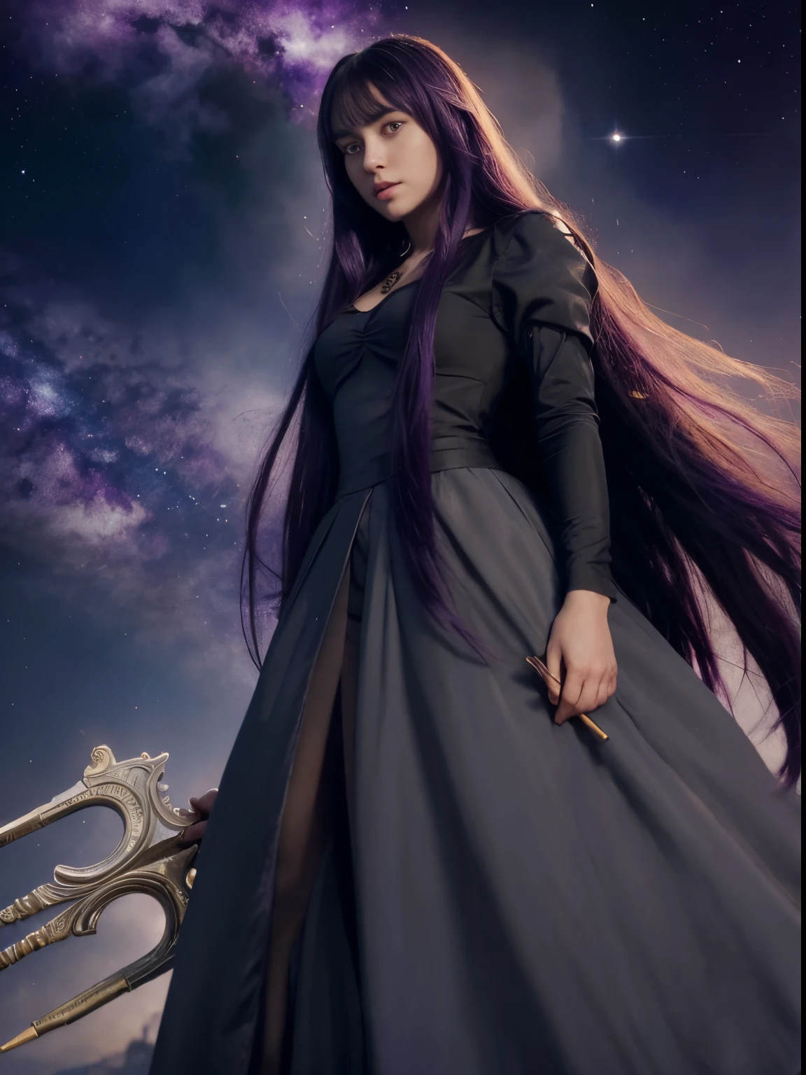 Masterpiece, watercolor: High resolution. Very detailed. realistic. ultra-realistic. Half-body of female. Young woman. 1girl. Slightly side view. Slightly low view of head. Looking at the viewer. About 20 years old. German. Delicate facial features. detailed face. Defiance face. Pretty Big purple eyes. Big eyes. (symmetric eyes`s iris). Very light skin.. Pretty long k=dark purple hair. Straight hair. Bangs. Long black dress. Two neckless. Holding a trident. Space and galaxy background. Cinematic light.
