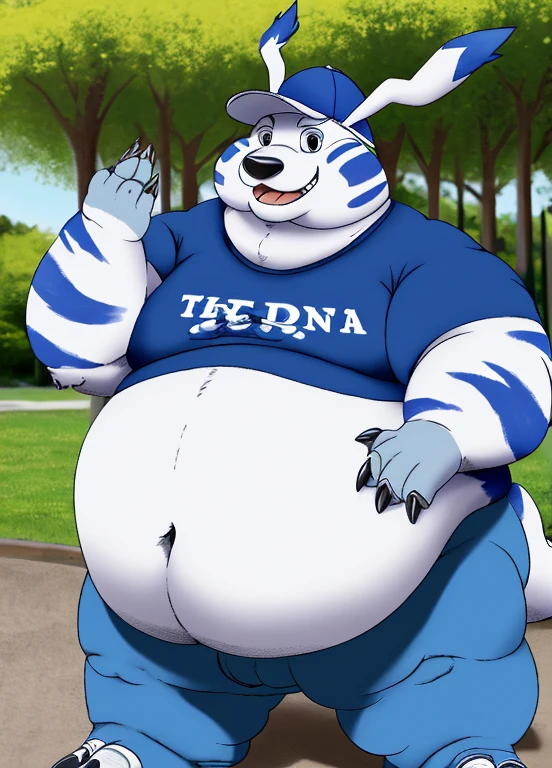 solo, gabumon, anthro, male, obese, large belly, wearing cropped t-shirt, wearing blue pants, wearing cap, smiling, outdoors, park