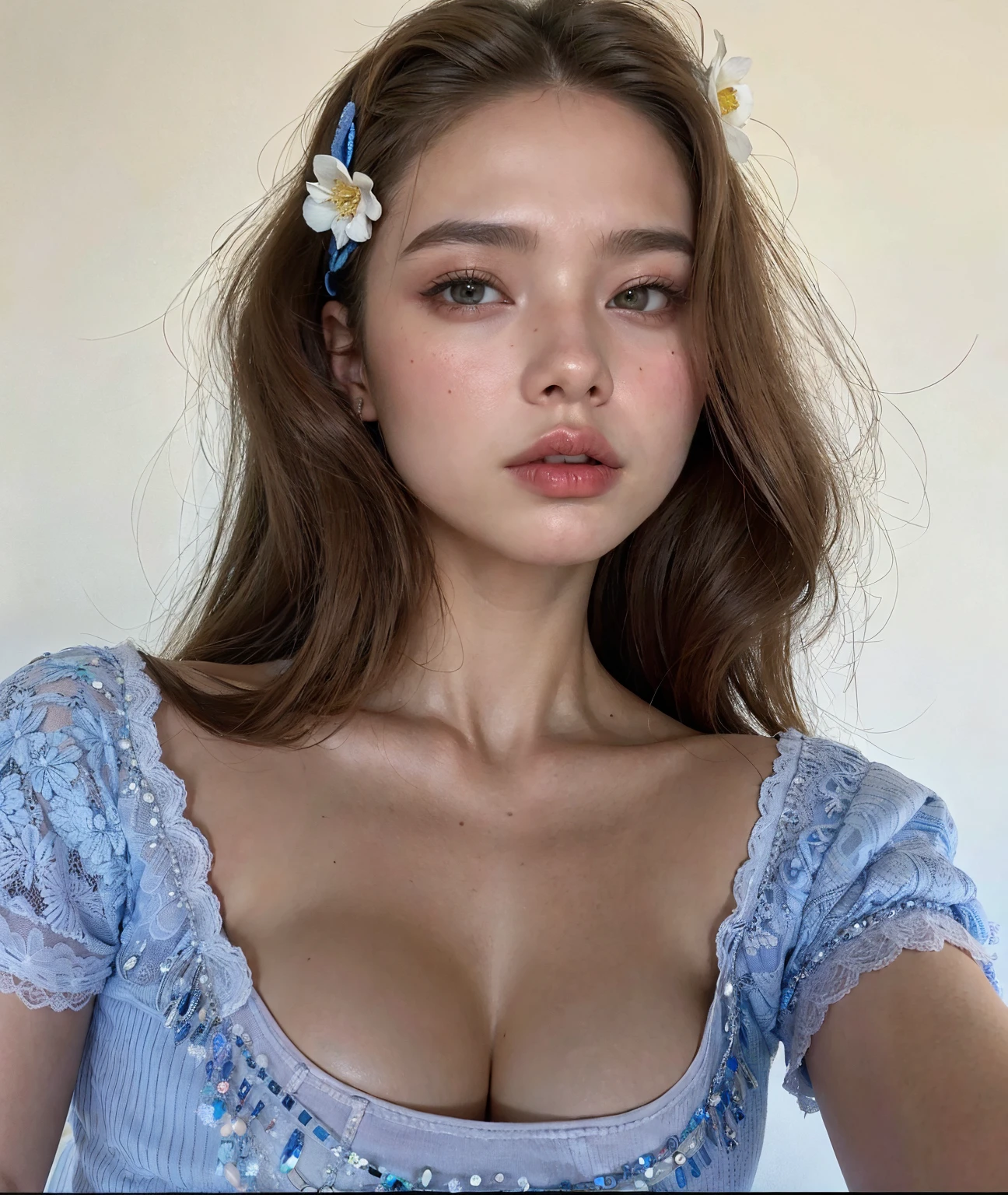 Mujer arafed con un vestido azul y una flor blanca en el pelo., Retrato Sophie Mudd, Yelena Belova, Anna Nikolanova aka Newmilky, Estilo de Julia Razumova, angelina stroganova, Eva Elfie, Hermosa modelo joven, Dasha Taran, Modelo muy bonita, Modelo de Instagram, 2 4  old female model, 🤤 girl portrait