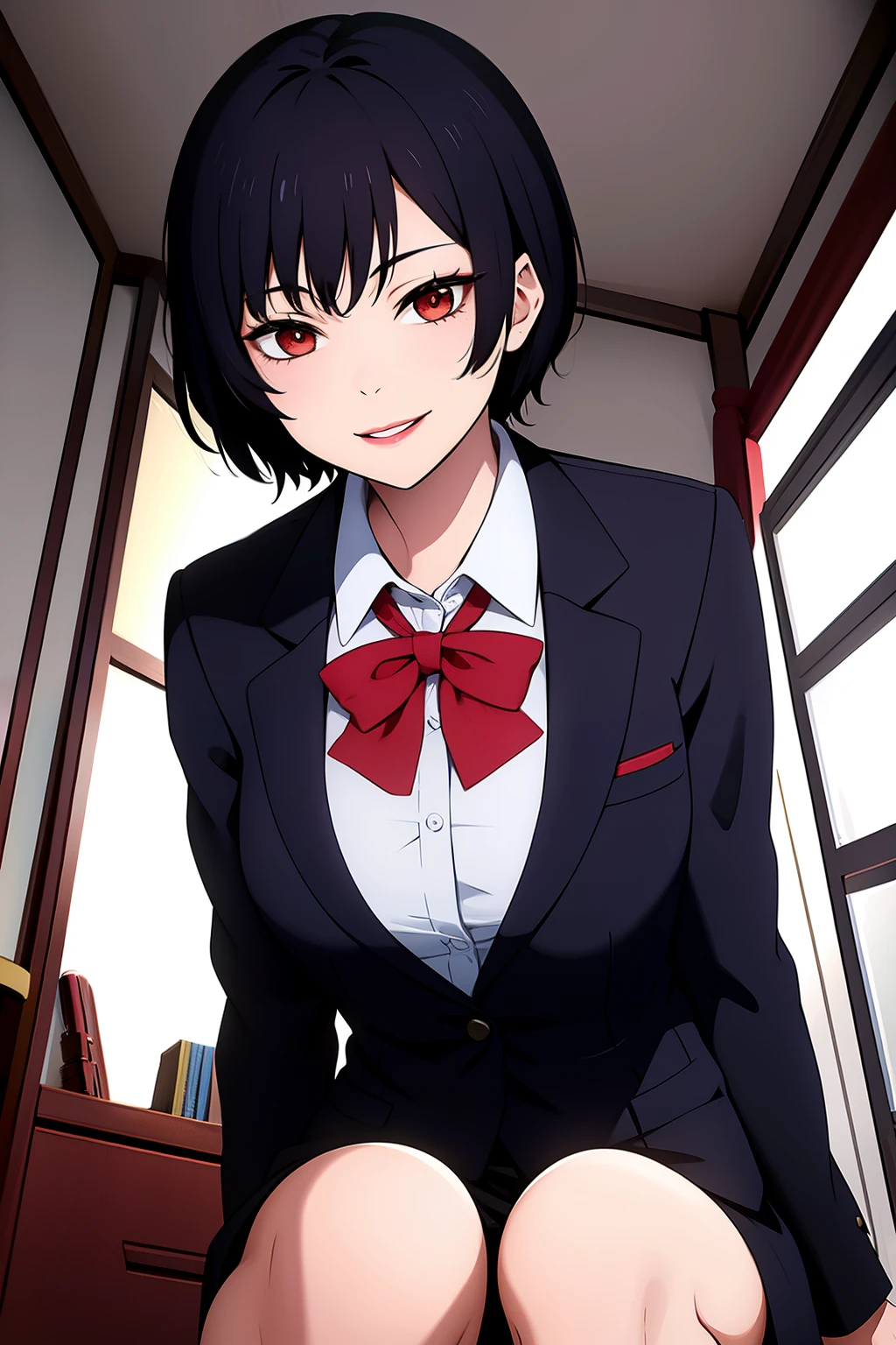 Cute girl, short hair, wearing a formal suit, Tie, big chest, sexy, lipstick, Smiling face, beautiful eyes, black hair, Hair neat and combed, with a red (X) behind it