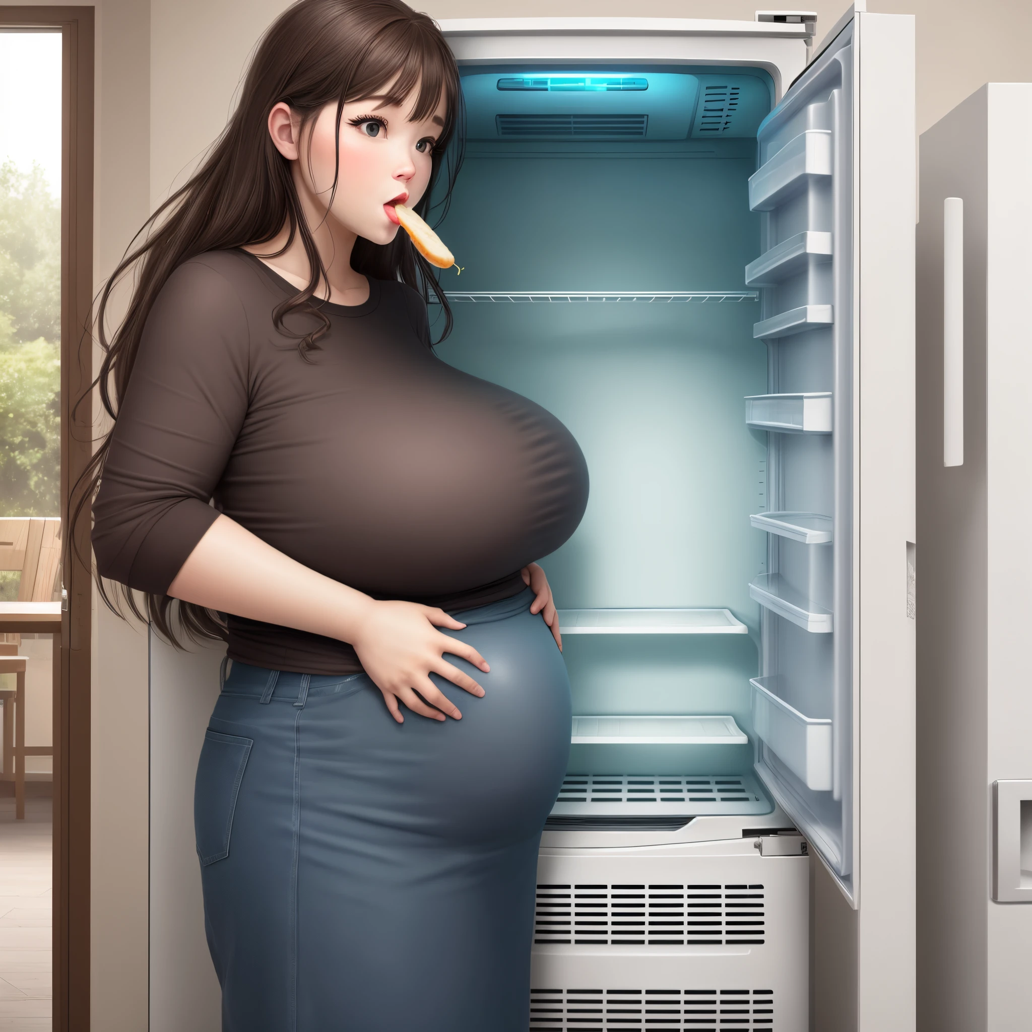 Big bellies woman eating a refrigerator