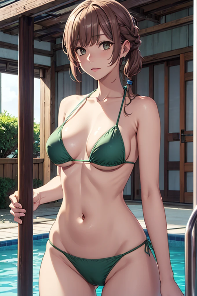 ((master part,melhor qualidade)), Altas, papel de parede 8k extremamente detalhado, prOfundidade_Of_campo, cowboy shot, sozinho, 1girl, Saeki Sayaka Yagatekimininaru, cabelos longos, cabelos castanhos claros, pigtail, olhos verdes, arco, seios grandes, , (minimum micro bikini:1.2), piscina, Noite,