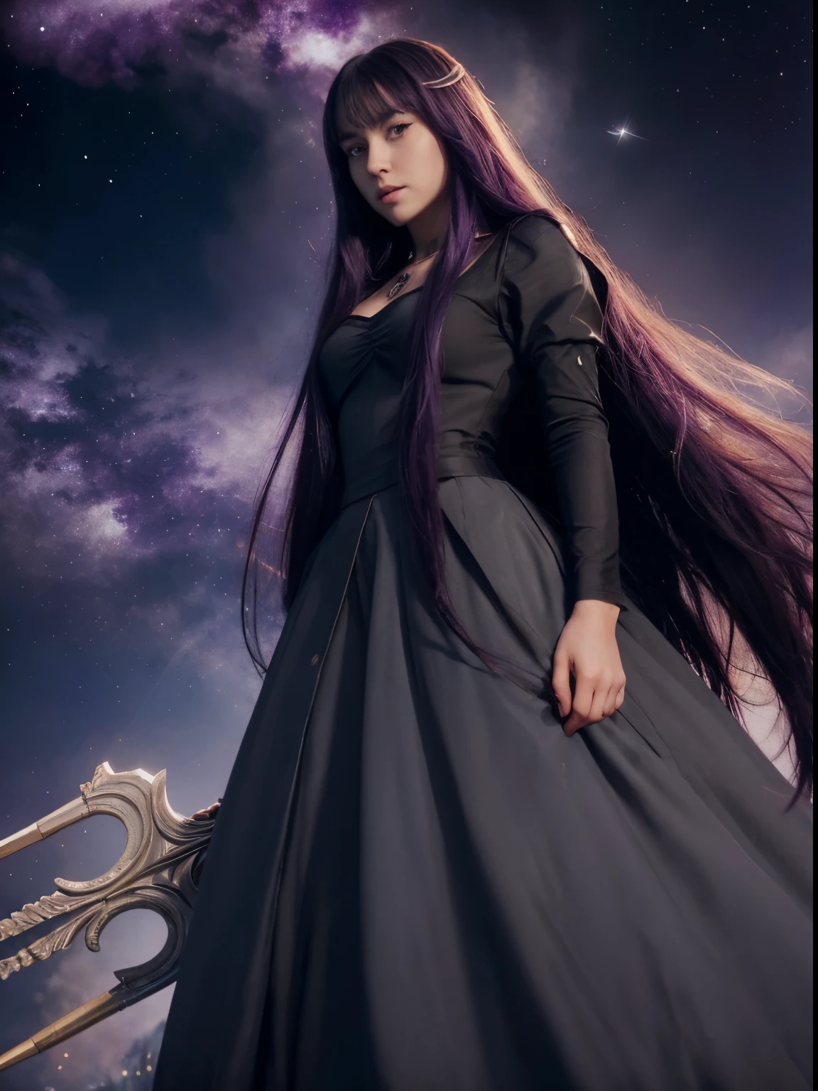 Masterpiece, watercolor: High resolution. Very detailed. realistic. ultra-realistic. Half-body of female. Young woman. 1girl. Slightly side view. Slightly low view of head. Looking at the viewer. About 20 years old. German. Delicate facial features. detailed face. Defiance face. Pretty Big purple eyes. Big eyes. (symmetric eyes`s iris). Very light skin.. Pretty long k=dark purple hair. Straight hair. Bangs. Long black dress. Two neckless. Holding a trident. Space and galaxy background. Cinematic light.