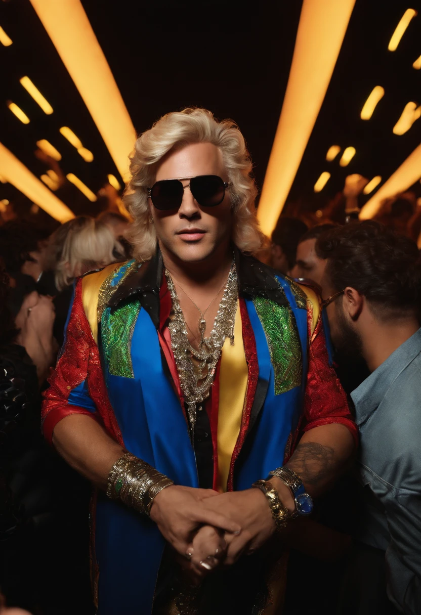 A photo of Zane posing with a group of fans, surrounded by the pulsating lights and ecstatic energy of a packed nightclub.,original,a flamboyant and notorious DJ, is known for his ostentatious style, often sporting flashy designer outfits, oversized sunglasses, and a constantly changing, bold hairdo, making him a conspicuous figure in the party circuit. His appearance screams excess and indulgence, matching his larger-than-life persona that’s constantly documented and flaunted on social media.