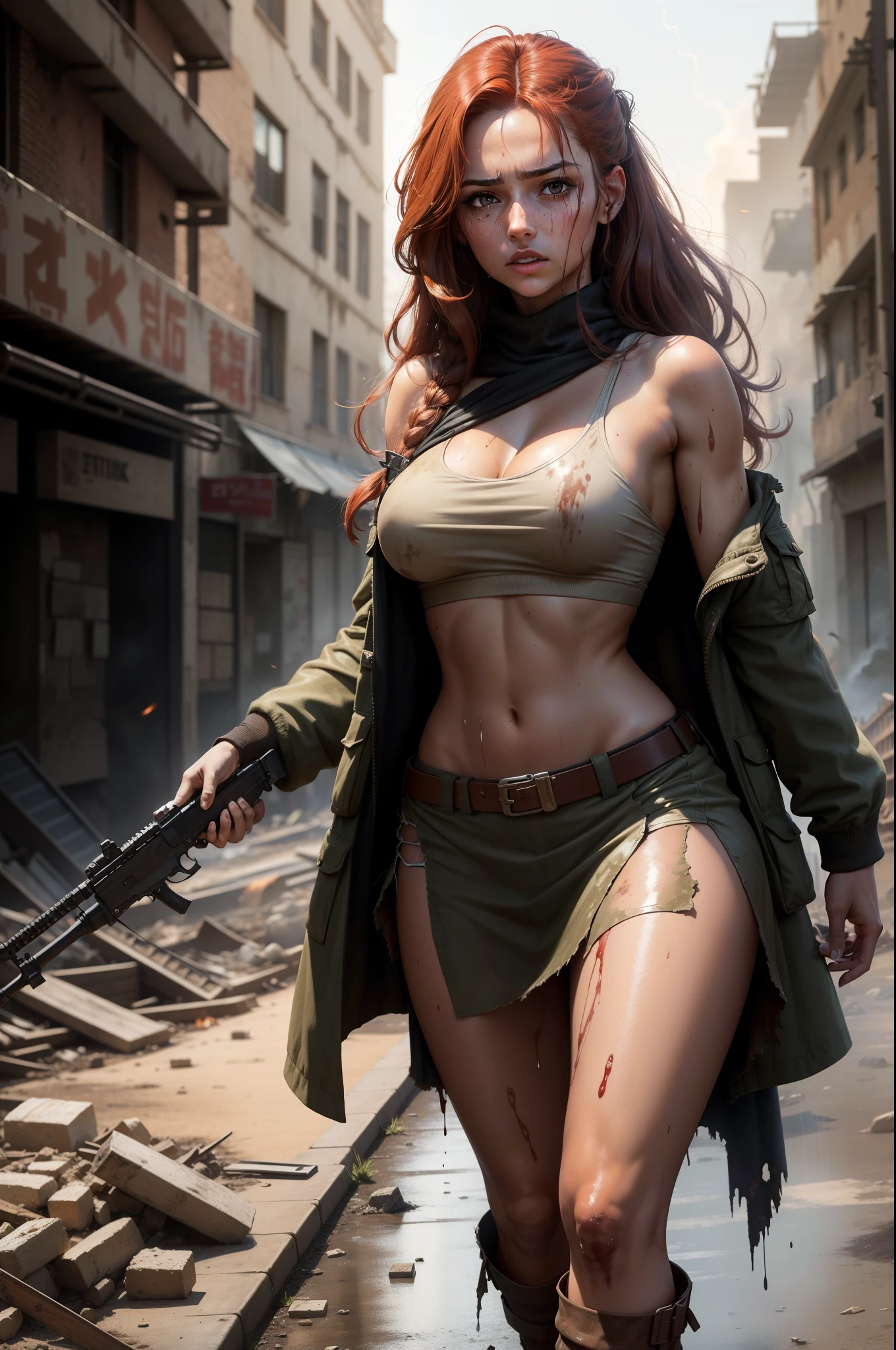 Masterpice, 4k,UHD, high quality, realistic, A dark-tanned woman with very long red-haired stumbles through the streets of a ruined city with a tear off upper army uniform , a bleeding gunshot wound in her left shoulder, and her body dripping with sweat, which slides down glistening over her breasts. An automatic rifle in her right hand, full of mud, blood and wounds, and wearing a torn skirt. Explosions and fires ravaged the devastated city everywhere.