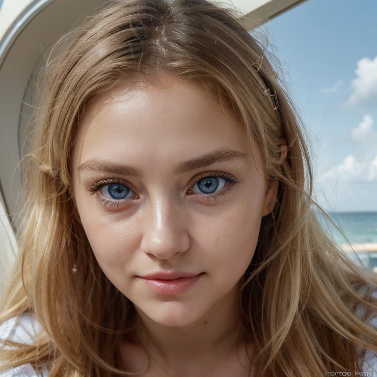 (realistic, photo-realistic:1.37),(8k, RAW photo, best quality, masterpiece:1.2), cute, ultra-detailed,heart-shaped pupils, physically-based rendering, ultra high res, kodakvision color, shot on Arricam LT Camera, bokeh, sharp focus, looking at viewer, photorealistic,realistic, solo, photorealistic, best quality,extremely detailed face,extremely detailed eyes and face, (blond girl,) clear eyes, beautiful detailed eyes,absurdres, incredibly absurdres,haunting smile,Messy hair, floating hair, round blue big eyes, clear big eyes, moist red lips, sweet, sitting on a table, blue sky and white clouds, sunshine ,, idyllic background, ,