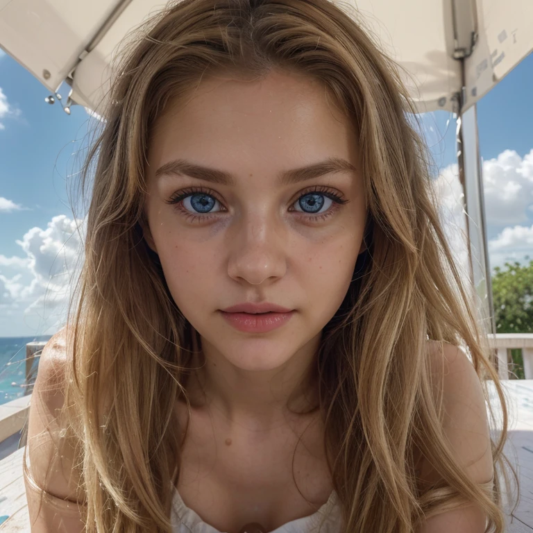 (realistic, photo-realistic:1.37),(8k, RAW photo, best quality, masterpiece:1.2), cute, ultra-detailed,heart-shaped pupils, physically-based rendering, ultra high res, kodakvision color, shot on Arricam LT Camera, bokeh, sharp focus, looking at viewer, photorealistic,realistic, solo, photorealistic, best quality,extremely detailed face,extremely detailed eyes and face, (blond girl,) clear eyes, beautiful detailed eyes,absurdres, incredibly absurdres,haunting smile,Messy hair, floating hair, round blue big eyes, clear big eyes, moist red lips, sweet, sitting on a table, blue sky and white clouds, sunshine ,, idyllic background, ,