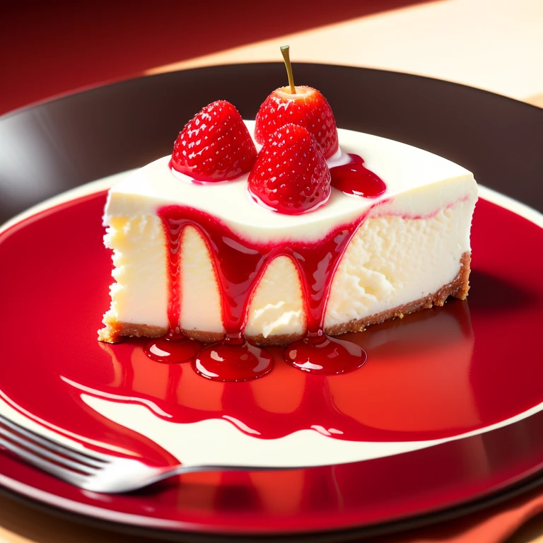 Culinary Photography, delicious cheesecake, red fruits, mouthwatering, close - up, vibrant colors, natural lighting, appetizing mood, indoor setting, 30mm wide - angle lens