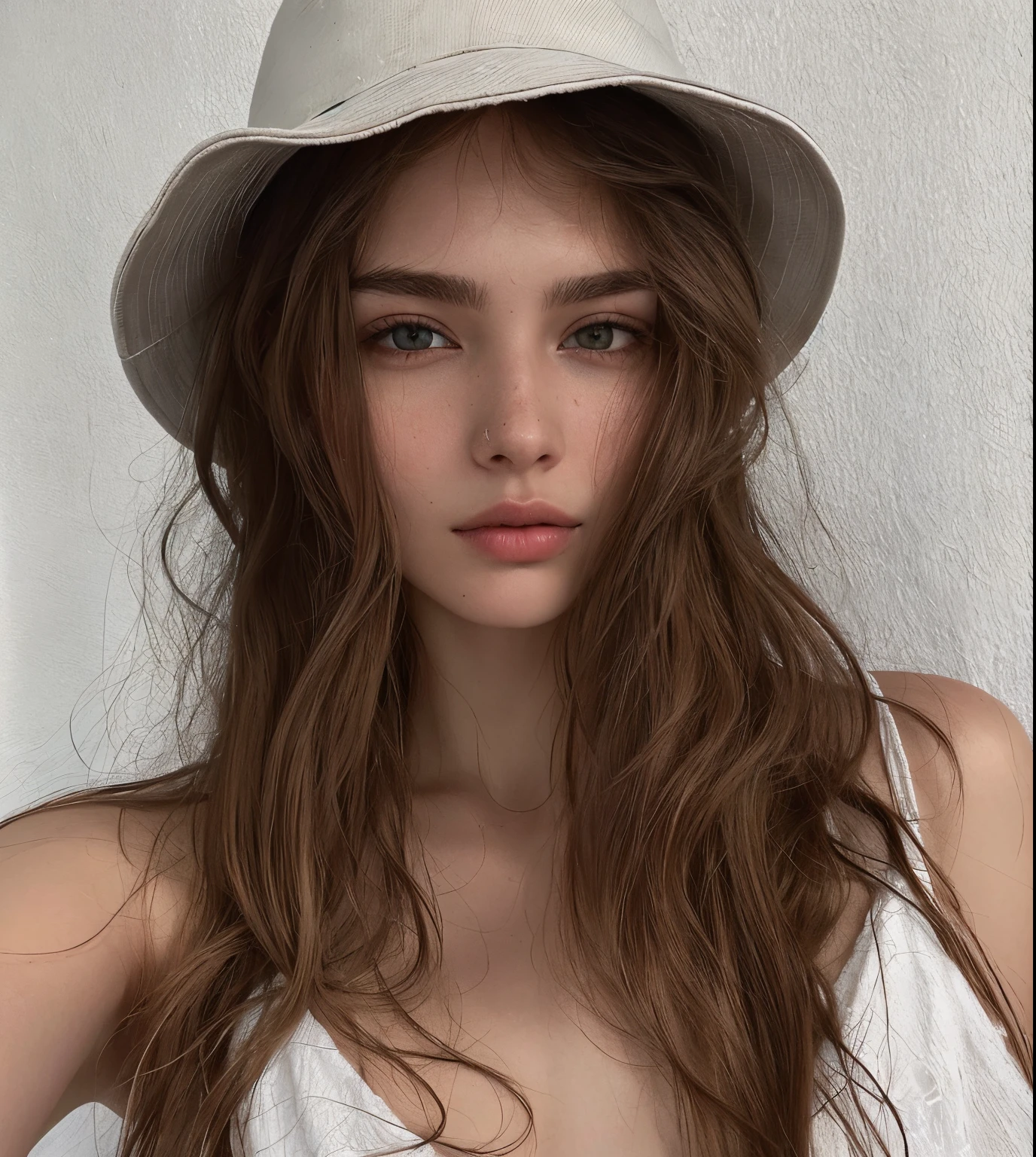 Mujer arafed con pelo largo con sombrero y camiseta blanca., Hermosa modelo joven, sin maquillaje, Anna Nikolanova aka Newmilky, Cara perfecta ), Modelo muy bonita, con sombrero, angelina stroganova, Modelo de Instagram, 2 4  old female model, 🤤 girl portrait, Sin maquillaje cabello ondulado, cara extremadamente hermosa, Hermosos rasgos de cara fina