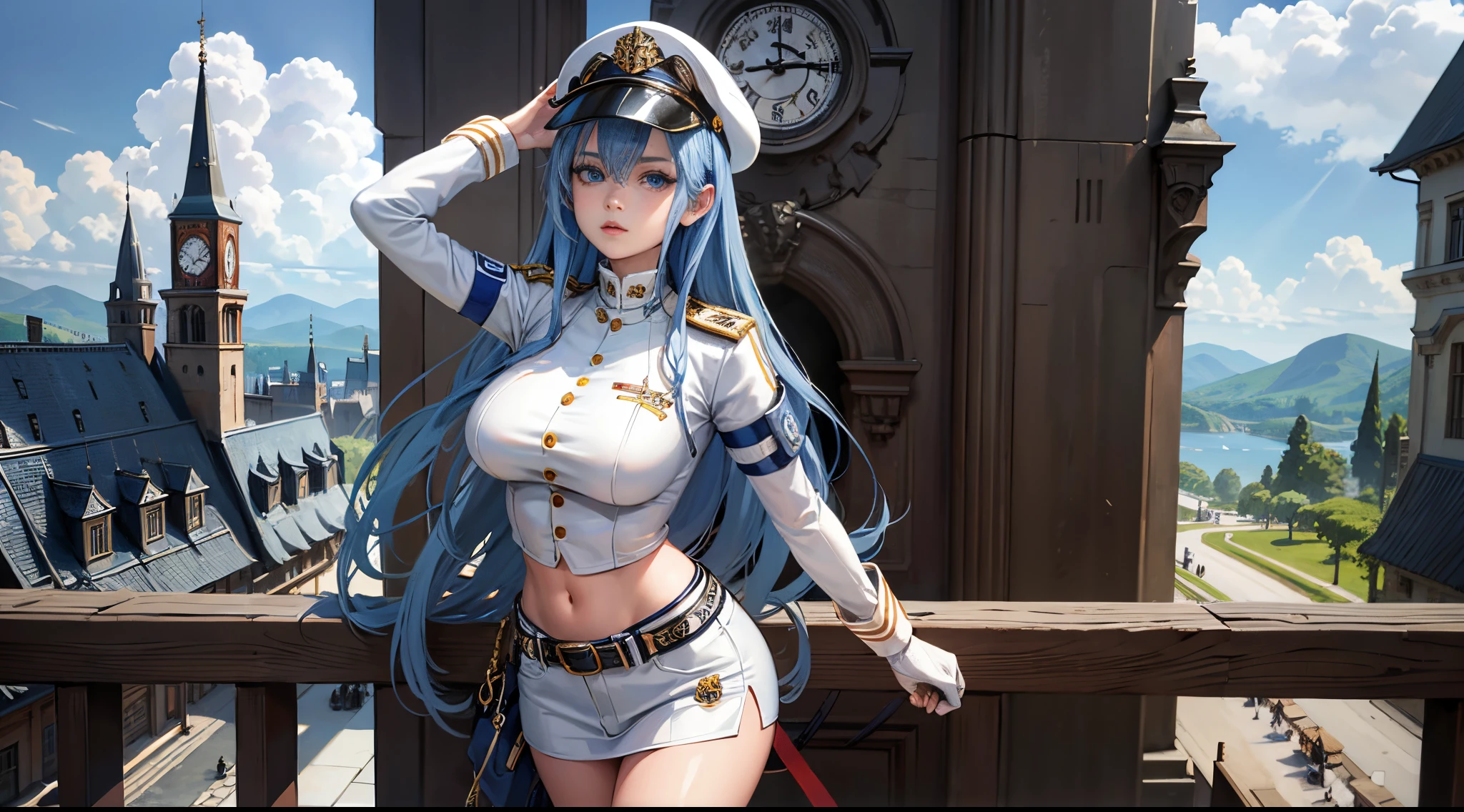 Curly and light blue hair、hime-cut、Girl with golden eyes、View of the crotch from below、flat chest、Thin pubic hair、Beautiful open legs、White military uniform