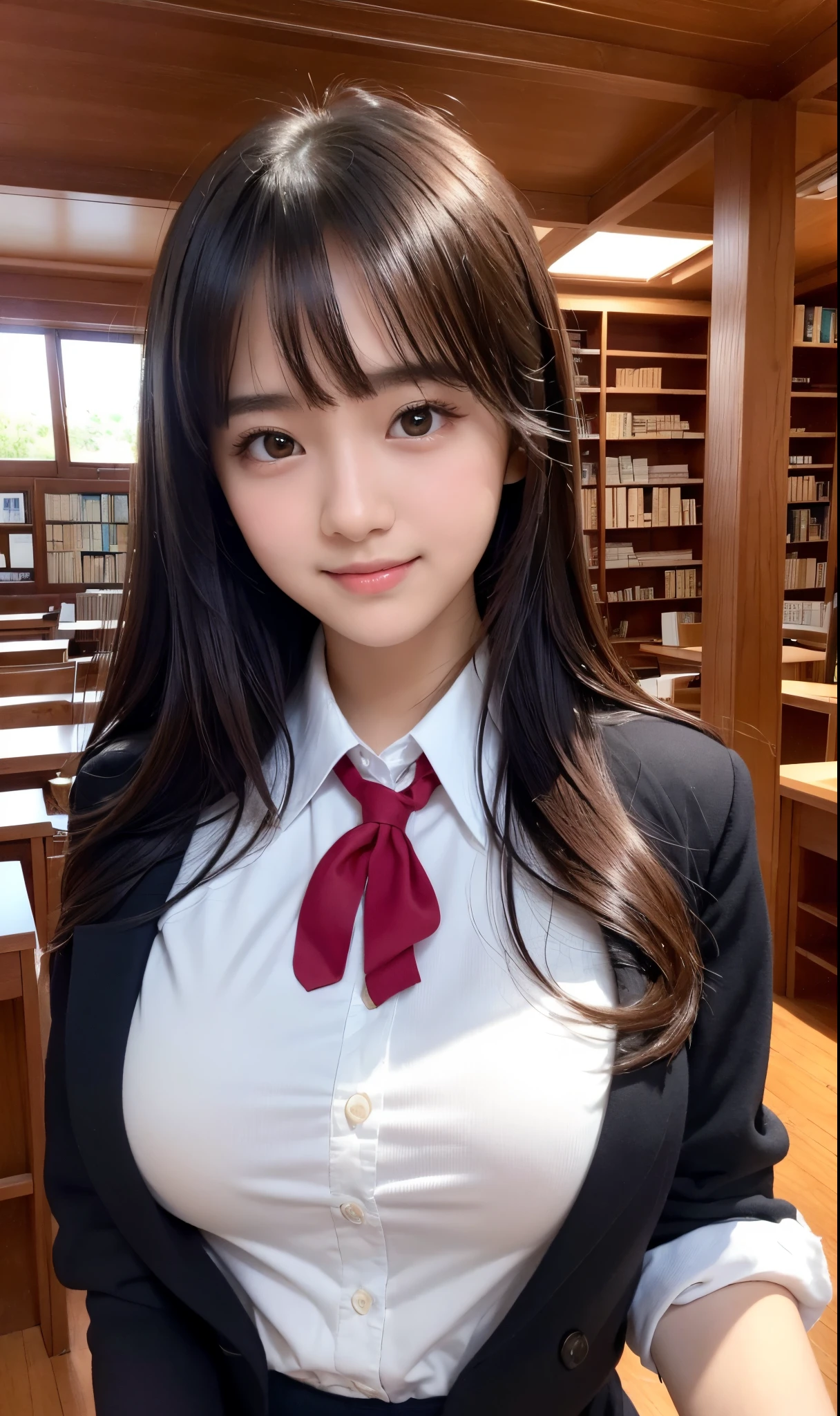 top-quality, masterpiece, 8K, 超A high resolution, (Photorealsitic:1.4), 1girl in、beautiful countenance、symmetrical eye、Colossal tits、Perfect body proportion、Schoolgirl Uniform、Look at viewers、front-facing view、Shoulder、Absolute area(1.3)、A smile The background is a super high-class wooden library. Name tag on chest ((High-quality reproduction of every detail of the eye:1.3)) ((Cute 16 year old girl))