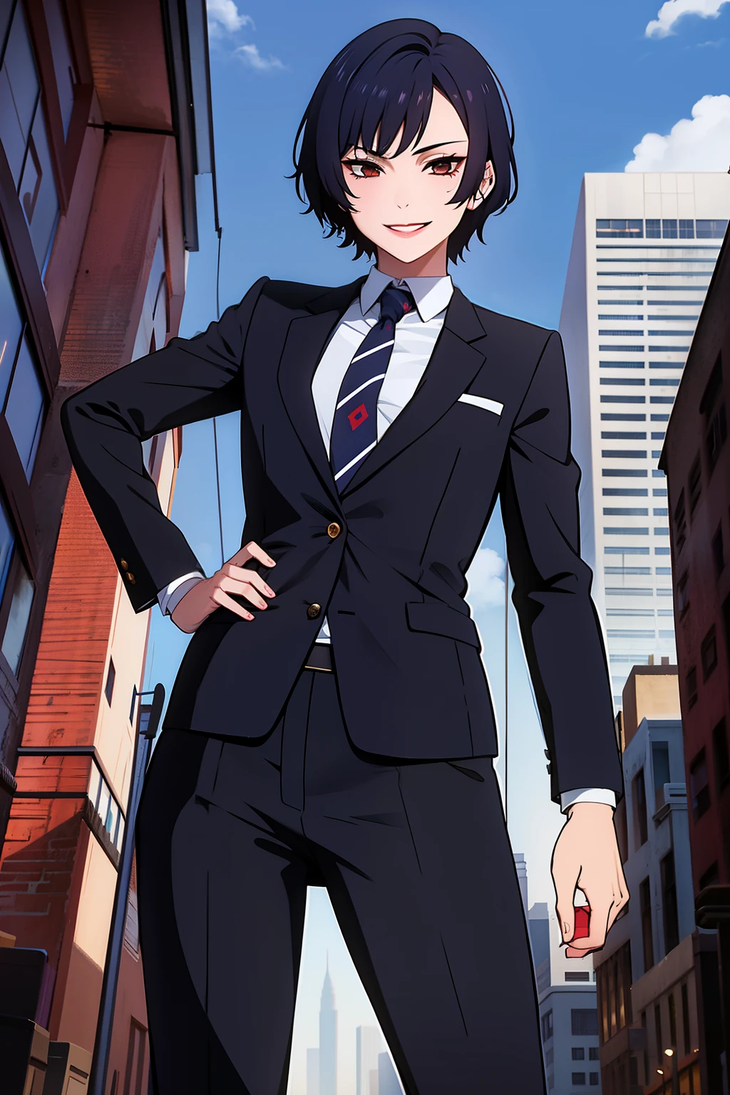 Cute girl, short hair, wearing a formal suit, Tie, big chest, sexy, lipstick, Smiling face, beautiful eyes, black hair, Hair neat and combed, with a red (X) behind it, Combat stance, Destroyed city in the background