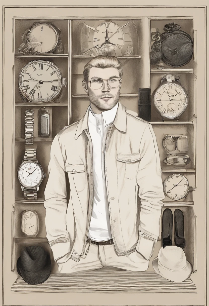 A photo of Nicholas carefully arranging a collection of vintage watches and pocket compasses on a dark mahogany display case.,original,Nicholas looks like the actor and celebrity Tom Glynn-Carney.

Gender: Male

Physical Attributes:
Nicholas possesses a well-maintained physique, distinguished by a toned and slim build, which accentuates his graceful presence. His skin carries a light tan, imbuing him with a healthy, sun-kissed glow that hints at an active lifestyle. His eyes, a piercing shade of blue, draw attention with their depth and clarity.

Hair:
Nicholas sports short, neatly groomed dirty blonde hair, which not only complements his appearance but also underscores his commitment to a polished and sophisticated look.

Apparel:
Nicholas is characterized by a tasteful and understated sense of fashion. He favors a plain crewneck shirt, reflecting his appreciation for simplicity and practicality. These versatile shirts convey an air of effortlessness and serve as a canvas for his inner complexities.

Complementing his shirt, he chooses straight-leg jeans that strike a harmonious balance between comfort and style. These jeans underscore his practicality, ensuring he's well-prepared for the rigors of everyday life.

To shield against the elements, Nicholas dons a warm and elegant coat, reinforcing his dedication to a refined and polished image. The coat not only offers protection but also projects a hint of sophistication that aligns with his enigmatic persona.

Completing his ensemble, Nicholas opts for semi-formal shoes. These choices combine style and comfort, allowing him to navigate seamlessly between casual and more formal settings. This footwear underscores his adaptability, an attribute that resonates with his multifaceted personality.

In addition to his attire, it's important to note that Nicholas's fashion choices go beyond mere garments; they reflect his personality, which embodies a compelling blend of charm, intelligence, and darkness.