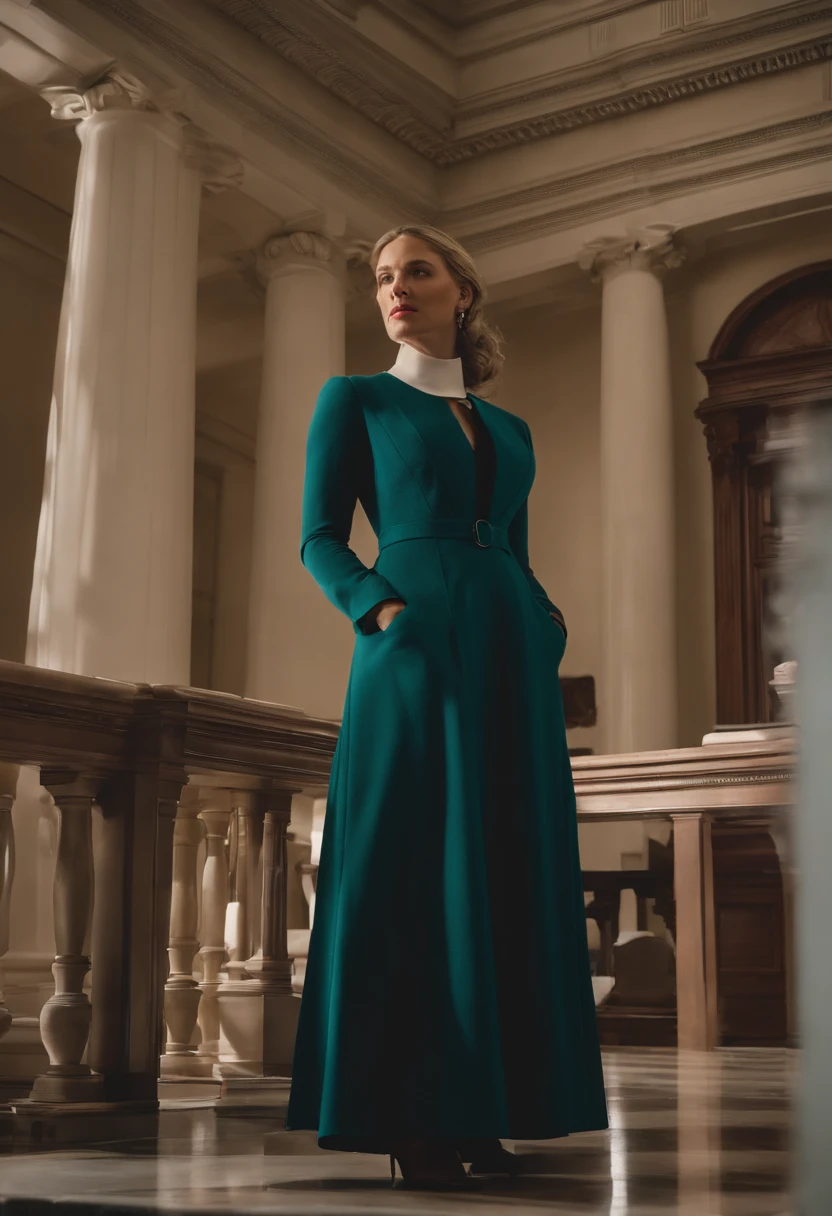 An image of Serena standing in the Gilead courthouse, reviewing legal documents with a determined expression,The Handmaid's Tale,Serena Joy, a pivotal character in “The Handmaid’s Tale,” exudes a composed and elegant demeanor, her appearance characterized by the traditional, modest attire mandated for wives in Gilead, often in shades of teal. Her poised exterior, with meticulously styled hair and a stern yet beautiful face, belies the complexity and turmoil beneath.