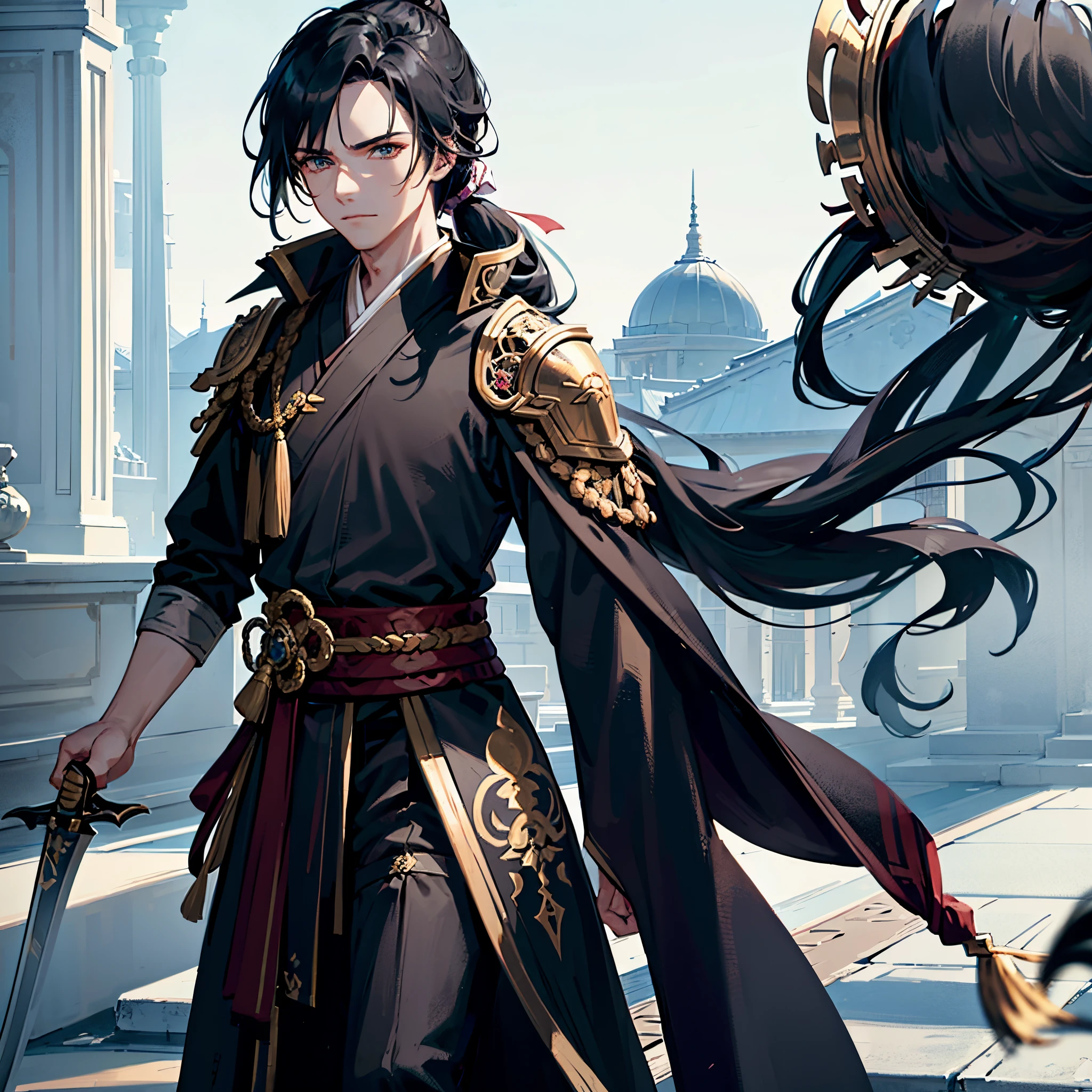 1 male character in a costume with a sword, ponytail male hairstyle, long ponytail male hairstyle, handsome face, ornate flowing robes, ((wearing aristocrat robe)), video game genshin impact, ornate robes