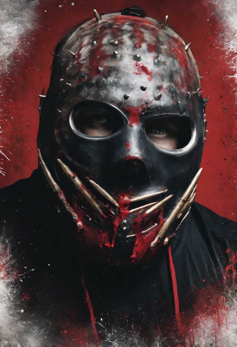 A photo of Slipknot's percussionist, Shawn Crahan, creating art on a canvas with splashes of paint and metal spikes.,original,slipknot