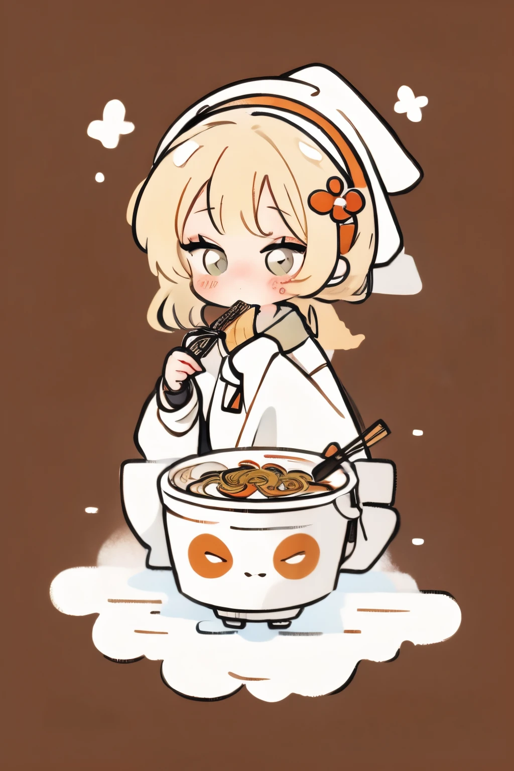 Girl eating ramen noodles, cute, delicious