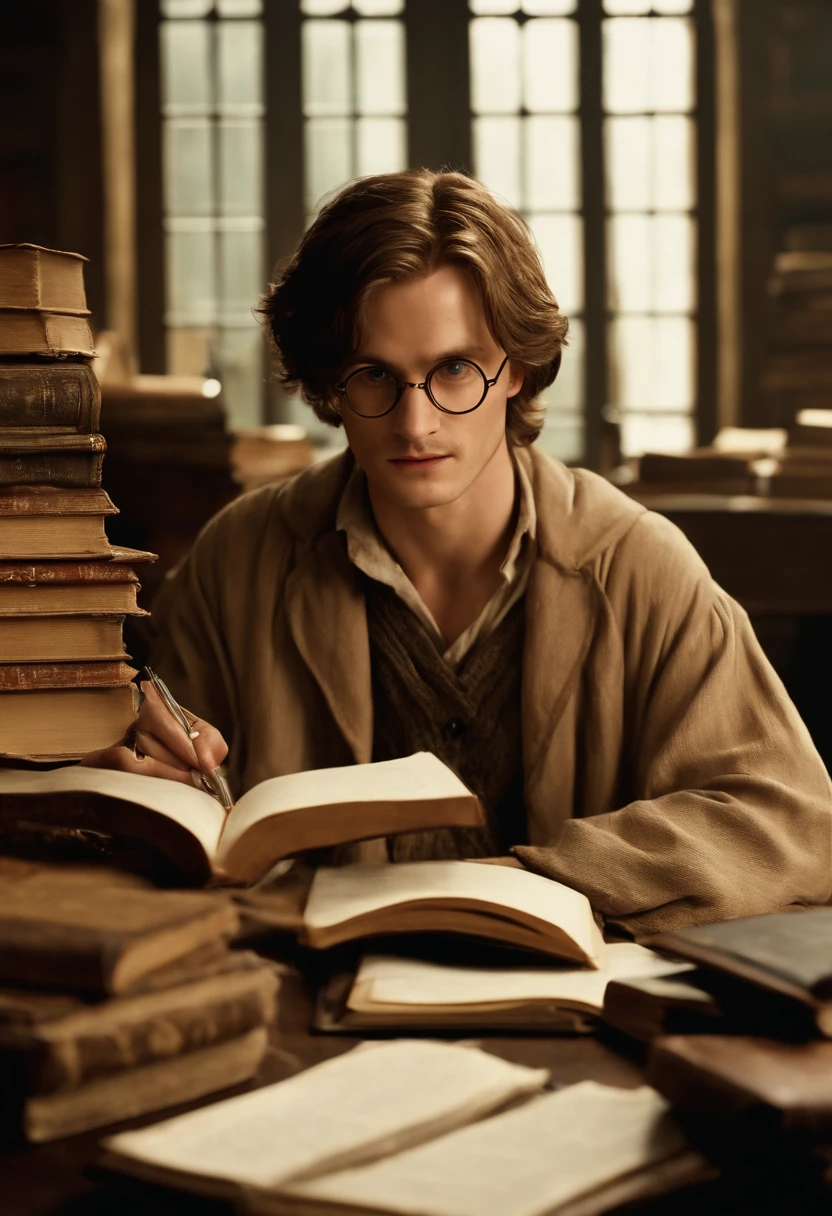 A photo of Remus sitting at a desk with a pile of books and research papers, wearing a pair of glasses and focused on writing in a notebook.,Harry Potter and the Prisoner of Azkaban,Remus has light brown hair, wears shabby robes, and has a claw scar across his face. Famously portrayed by David Thewlis