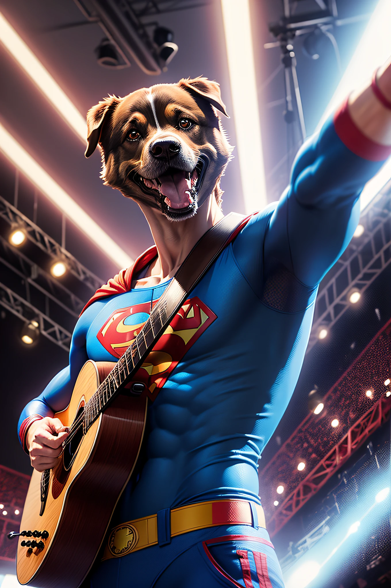 Illustrate a scene of a dog dressed as Superman, performing a live music concert with enthusiasm and energy, capturing the whimsical and entertaining nature of the moment