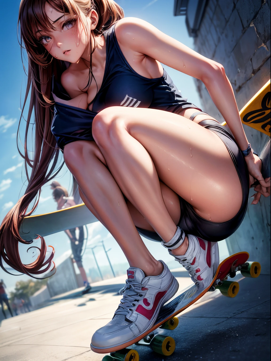 Best Quality, masutepiece,  High resolution, (Anime Heroine Illustration), Anime Paint, 1beautiful girl ,Dynamic Angle,Women's Skateboarder,small head,Large breasts,nice legs, Glowing skin, Sweat,At the skateboarding venue ,(Detailed beautiful face:1.4),detailed skins,Detailed eyes,detailed hairs,Detailed beautiful legs,Sporty,