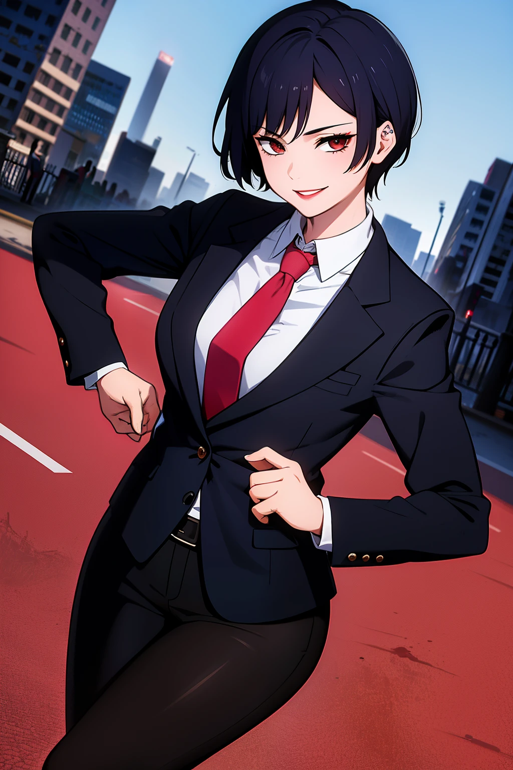 Cute girl, short hair, wearing a formal suit, Tie, big chest, sexy, lipstick, Smiling face, beautiful eyes, black hair, Hair neat and combed, red (X) behind she, Combat stance, Destroyed city in the background, sexy