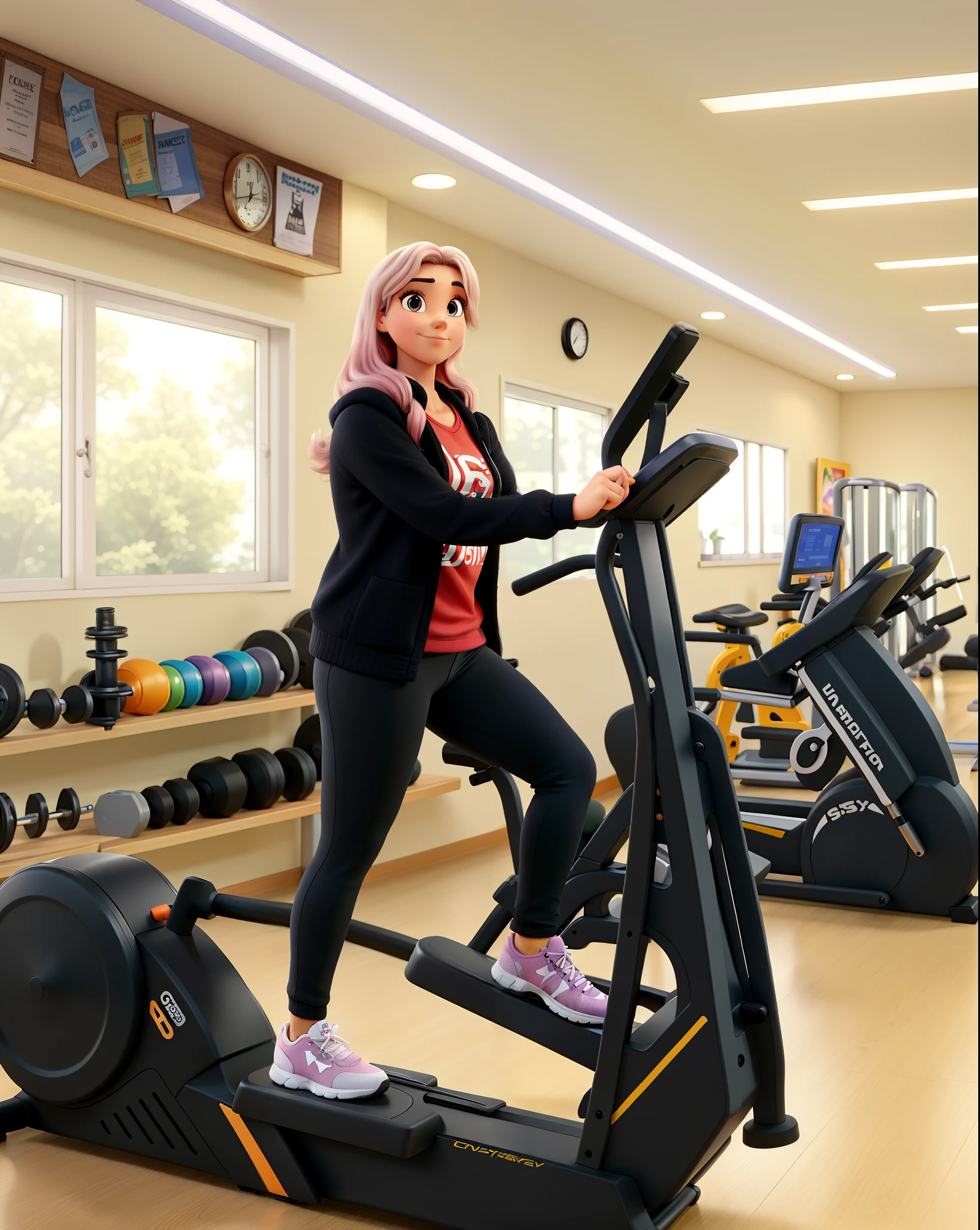 Poster estilo disney pixar. Retrato de uma mulher branca, cabelos loiros escuros longos, cabelos louros longos e escuros, olhos castanhos, usando uma camiseta rosa com detalhes em branco, usando um casaco preto, in a bodybuilding gym, in the blurred background a weight training gym, on top of an exercise bike, on top of a gym machine.