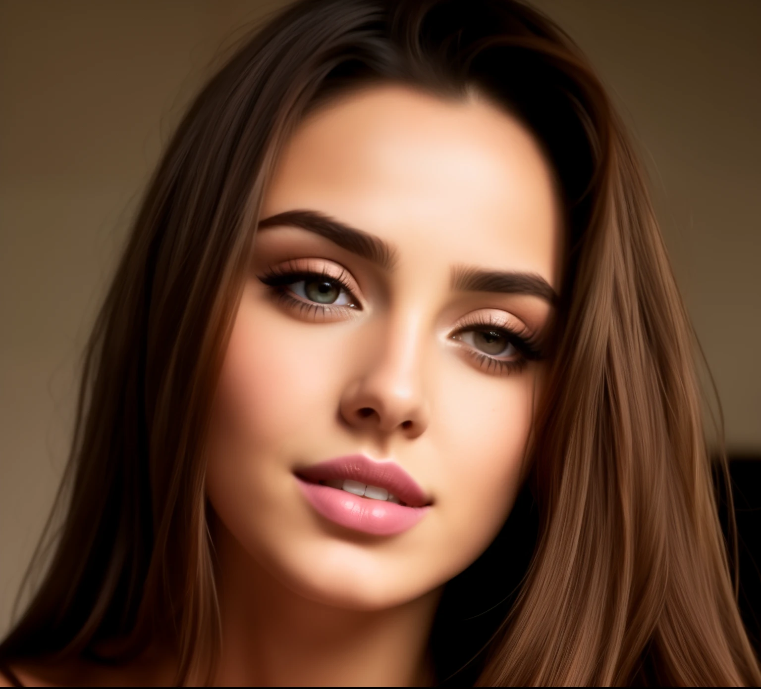 arafed woman with long brown hair and a pink lipstick, photorealistic beautiful face, photo realistic, realistic beautiful face, gorgeous face portrait, ana de armas portrait, light smiles