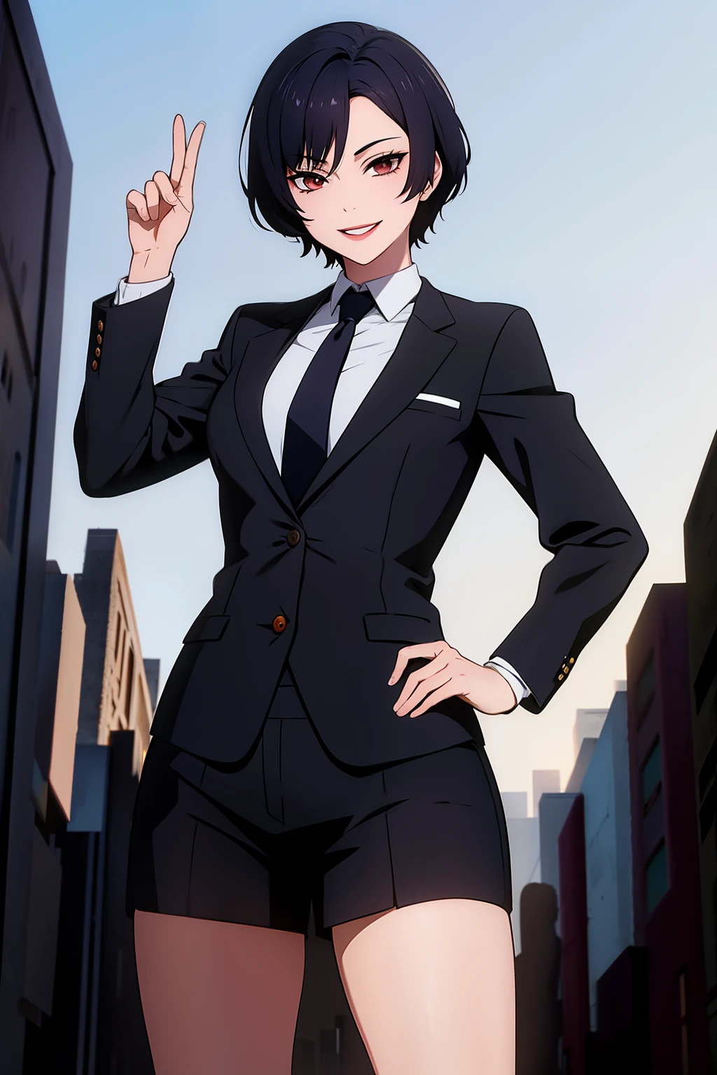 Cute girl, short hair, wearing a formal suit, Tie, big chest, sexy, lipstick, Smiling face, beautiful eyes, black hair, Hair neat and combed, red (X) behind she, Combat stance, Destroyed city in the background,X