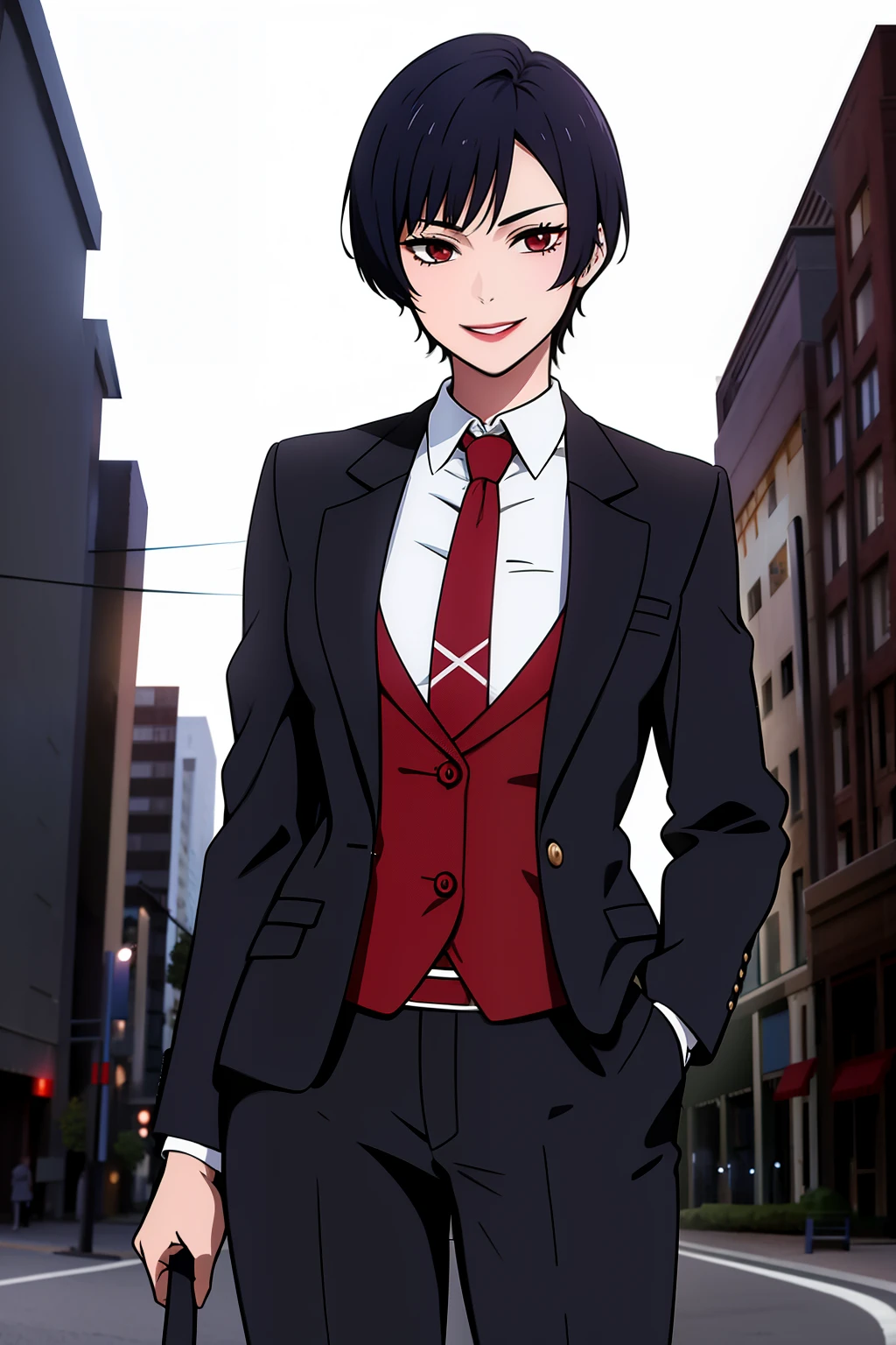 Cute girl, short hair, wearing a formal suit, Tie, big chest, sexy, lipstick, Smiling face, beautiful eyes, black hair, Hair neat and combed, red (X) behind she, Combat stance, Destroyed city in the background,X