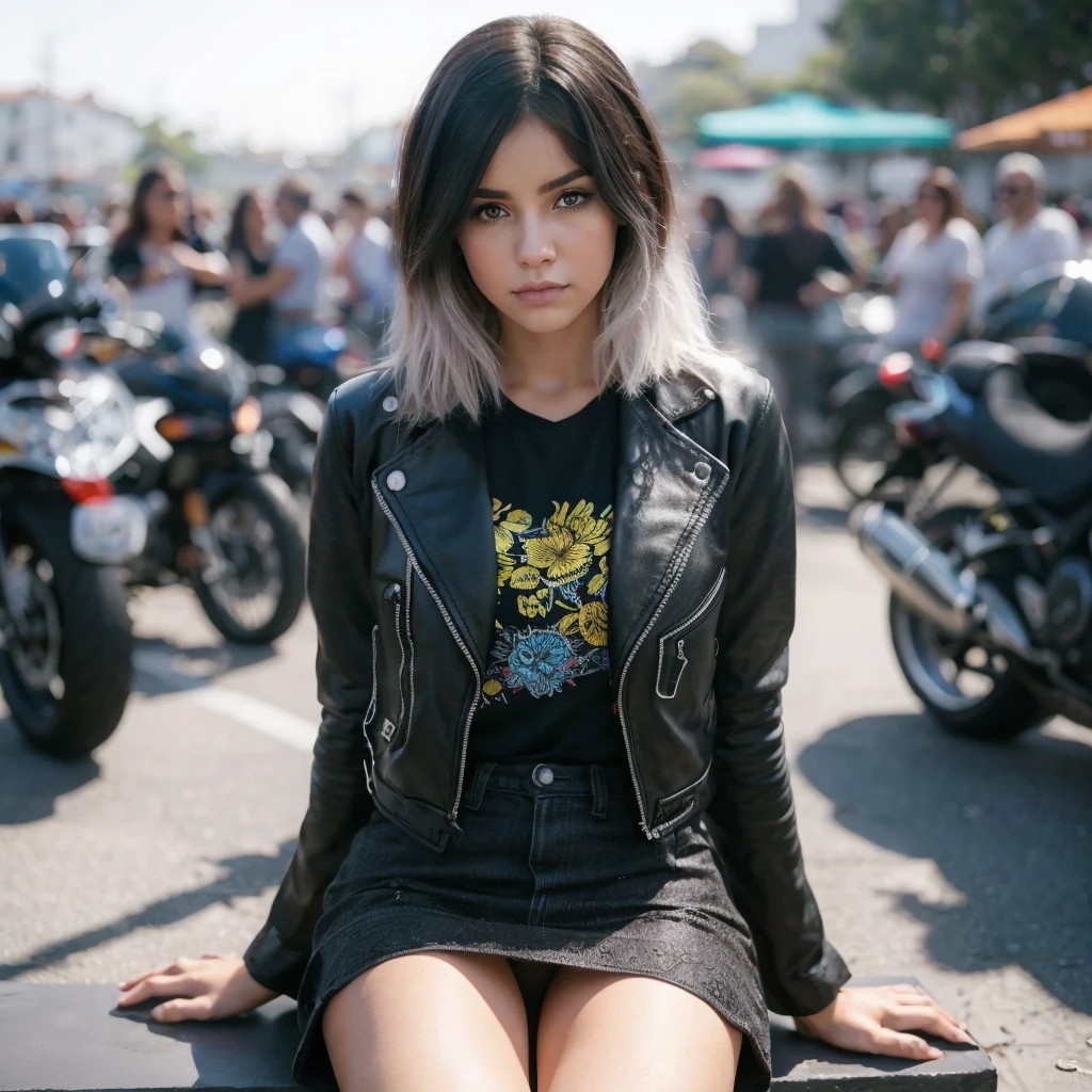 (best quality,Realistic:1.2), ultra-detalhado, Menina, vivid colors, fotorrealista, cabelo preto com pontas vermelhas, serious expression with expressive look
, Olhos azuis bem claros, cores muito vivas