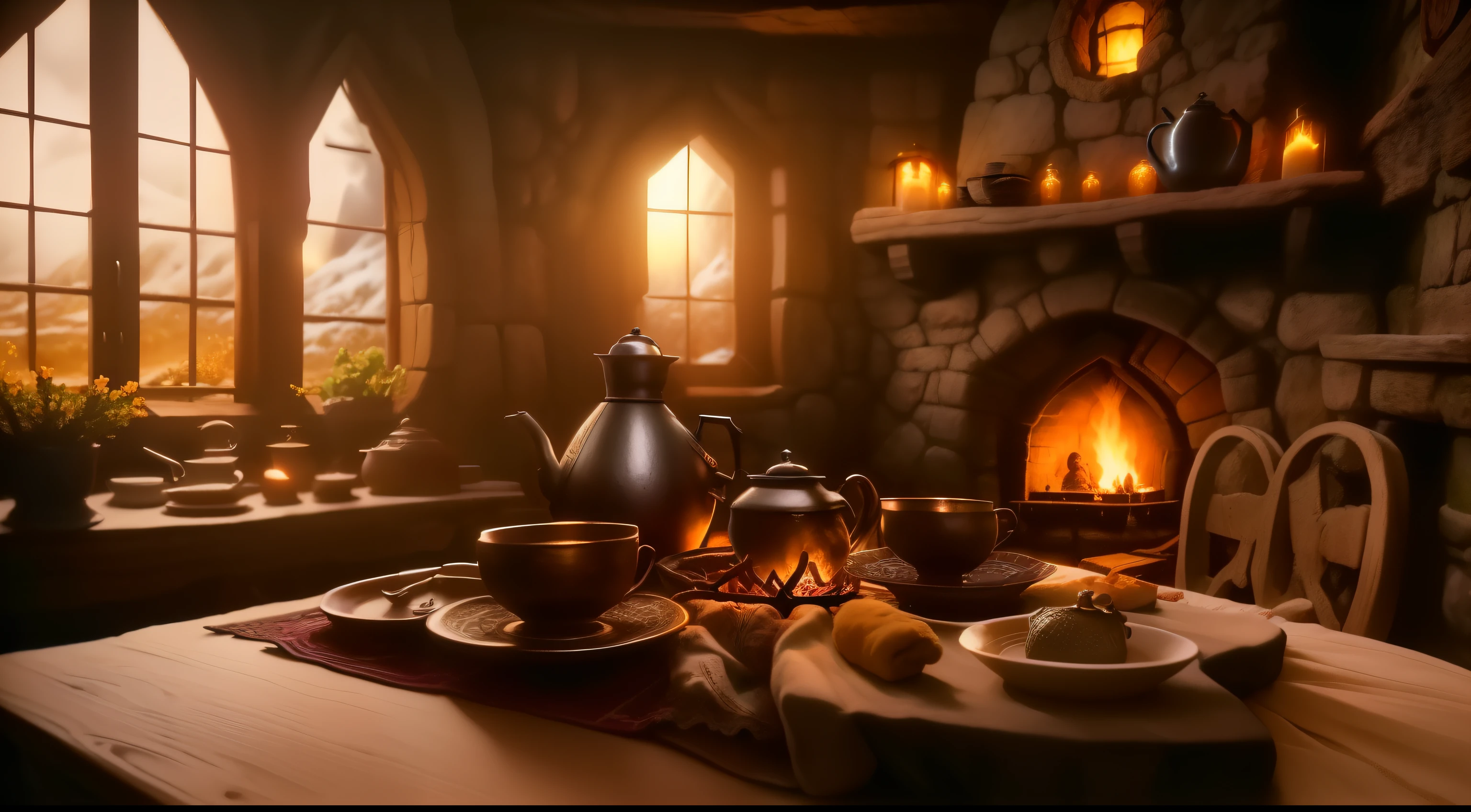 there is a table with a tea pot and a plate of food on it, cosy enchanted scene, home wicca scene, lord of the rings aesthetic, in fantasy tavern near fireplace, in his hobbit home, fantasy tavern background, inside a medieval hobbit home, interior of a hobbit hole, dimly-lit cozy tavern, atmospheric fantasy setting, dimly lit cozy tavern
