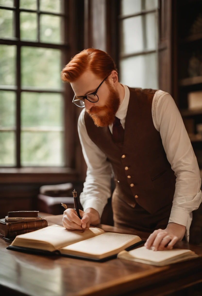 A photo of a person writing in a leather-bound journal with a quill pen.,original,red hair, red beard, brown eyes, pale skin, square-framed glasses, button-up shirts, dress slacks, Scandinavian, thin, slender, tall