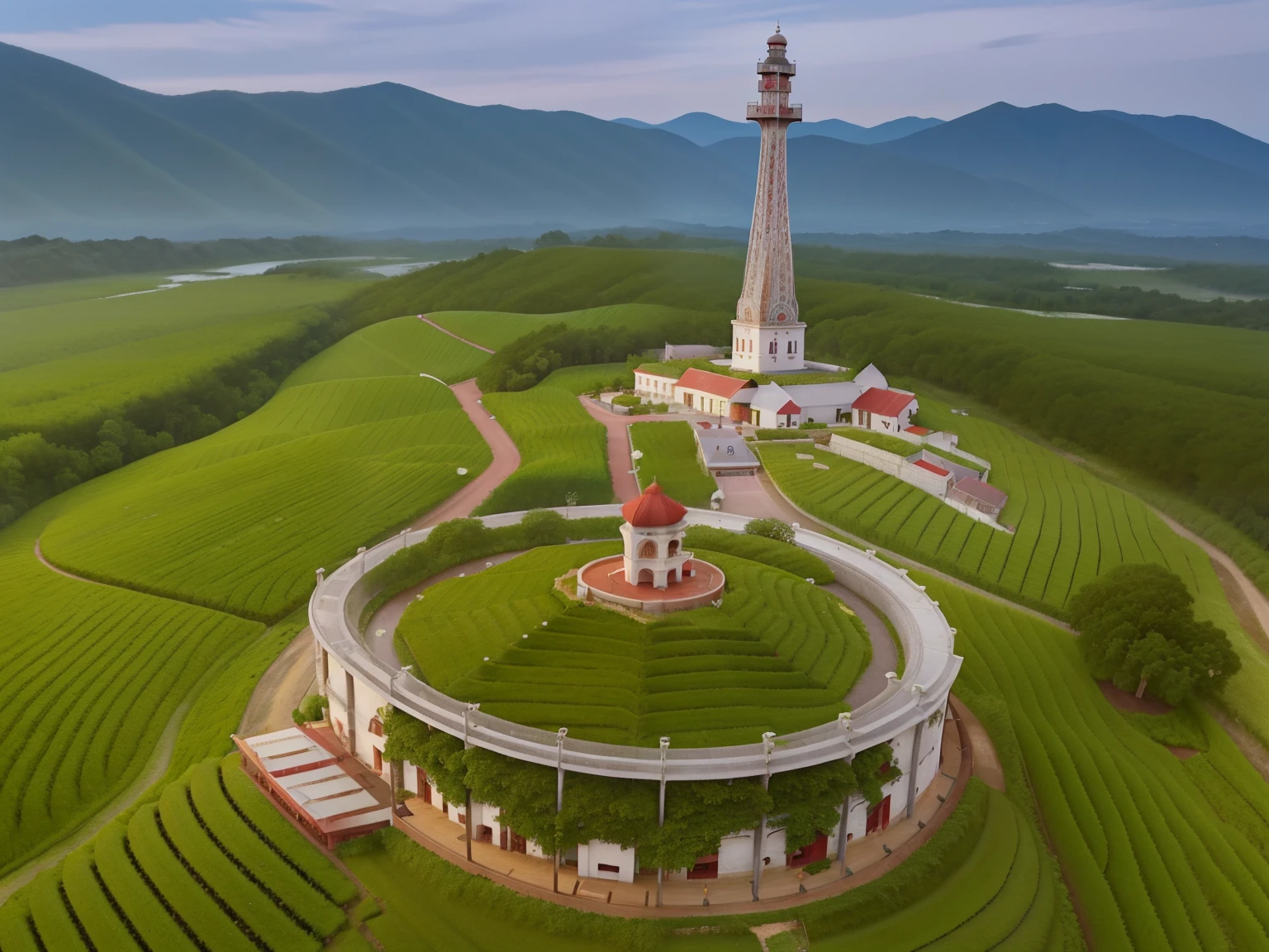 a view of a tea plantation with a tower in the middle, assam tea garden setting, beautiful views, drone photography, assam tea garden background, assam tea village background, far view, beautiful image, high quality image, beautiful environment, 4k drone photography, shot from drone, tourist destination, integrated in the mountains, absolutely outstanding image, shot from 5 0 feet distance