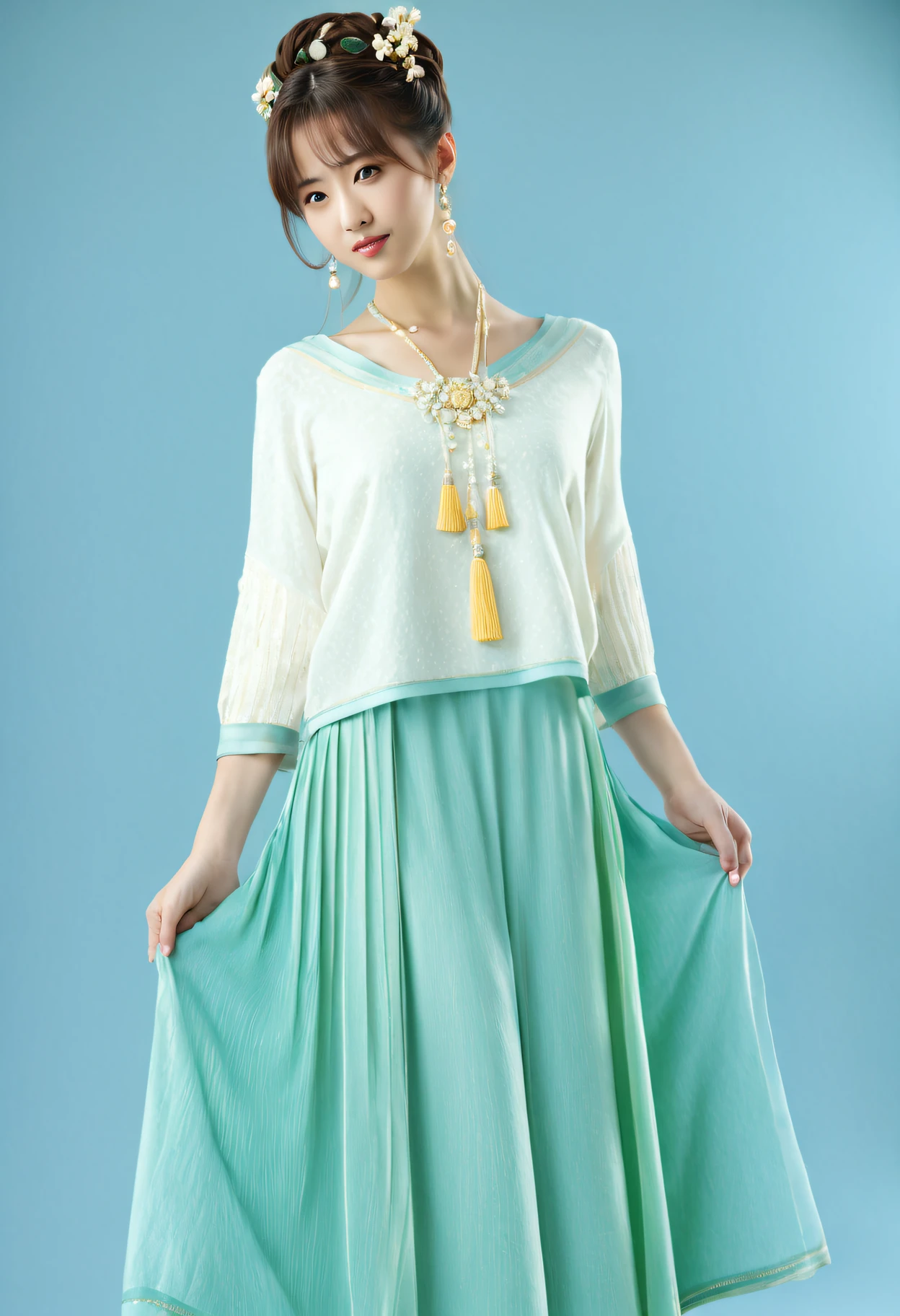 a woman wearing an oriental dress standing inside a room with decorations, in the style of light sky blue and light emerald, cute and dreamy,light beige and yellow, vintage academia, elegant clothing, white and emerald, in the style of light white and light emerald, light sky blue and light gold, vintage academia, chinapunk, embroidery, loose and fluid style, luminous quality, influenced by ancient chinese art, colorful costumes，(best quality at best,4K,8K,a high resolution,tmasterpiece:1.2),ultra-detailed,(actual,realistically,realistically:1.37),(8k, RAW photo, best quality, masterpiece:1.2), (photorealistic, realistic:1.4),
(200mm Sigma f/1.2 ZEISS lens, F1.2, 1/200s, ISO 100, photograpy:1.4), (professional lighting, cinematic lighting, soft lighting, Bright:1.2),
delicate, ultra-detailed, beautiful, extremely detailed eyes and face,