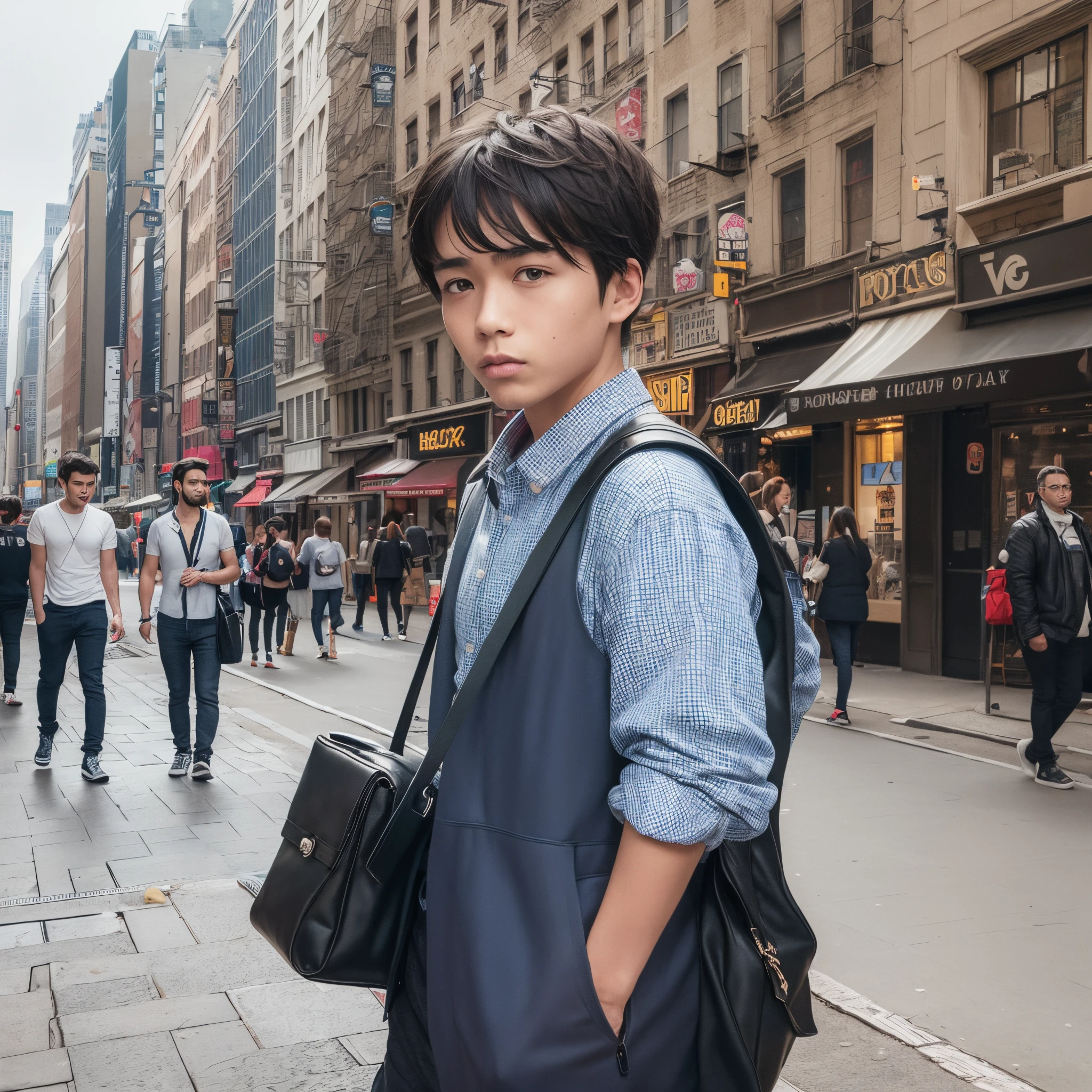 a blue boy standing, a  balck and white crowd, boy with bag, cat on size, new york city, Artistiac art --auto --s2