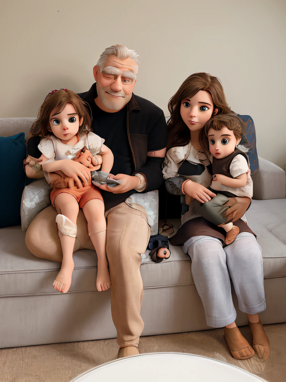 Family sitting in couch dad with baby girl on lap mom with baby boy on lap