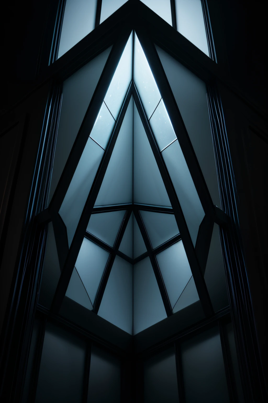 diamond-shaped glass window, this diamond-shaped window is in a black environment, very dark, the glass is recessed and there is light coming out of this window, illuminating the dark environment.