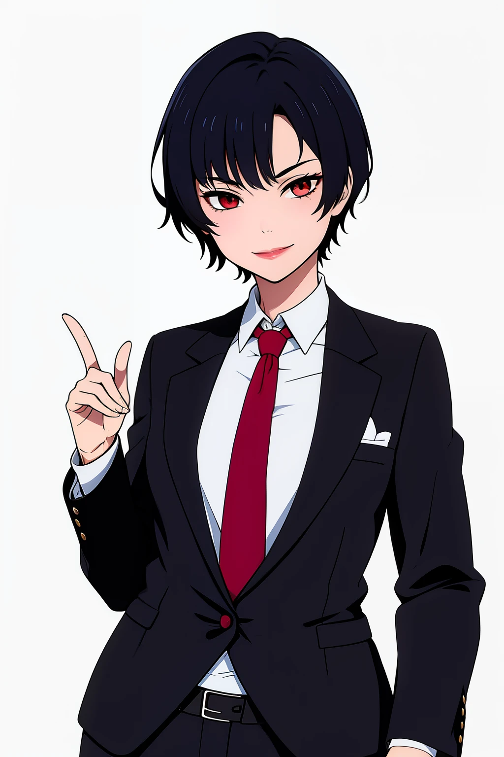 Cute girl, short hair, wearing a formal suit, Tie, big chest, sexy, lipstick, Smiling face, beautiful eyes, black hair, Hair neat and combed, red (X) behind she, Combat stance,X